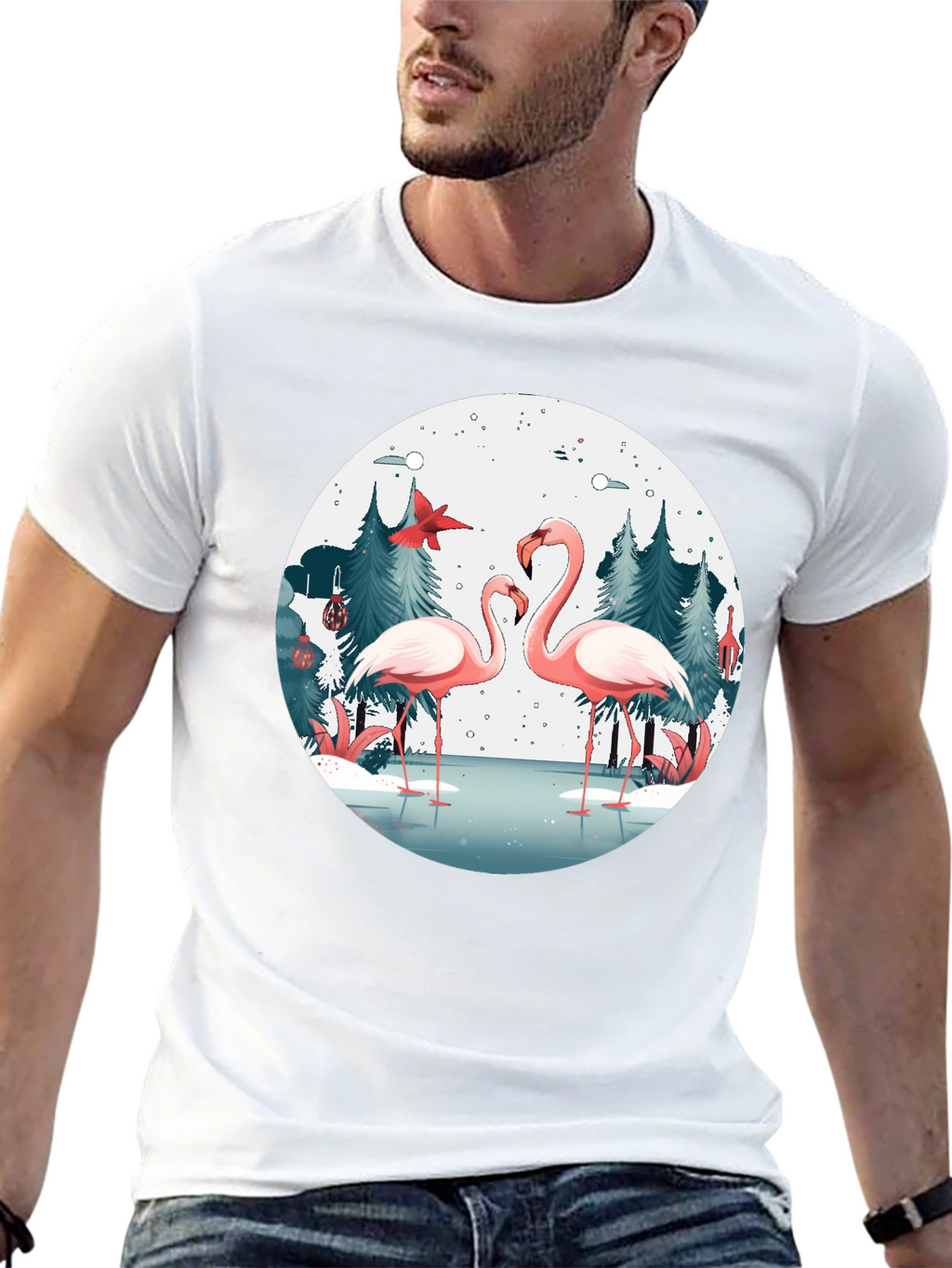 Flamingo Winter Scene Graphic T-Shirt