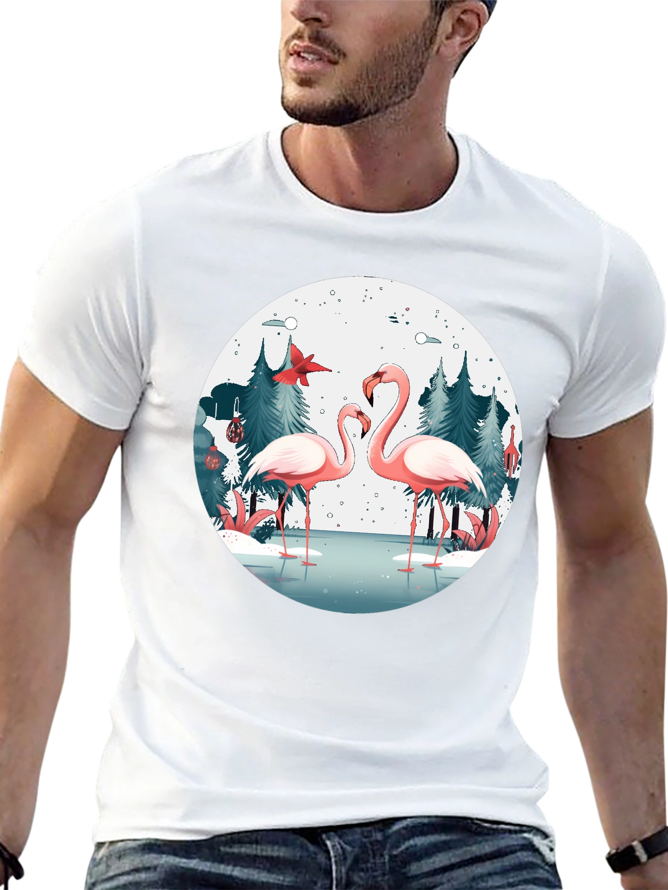 Flamingo Winter Scene Graphic T-Shirt