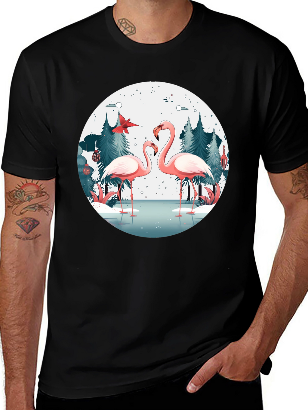 Flamingo Winter Scene Graphic T-Shirt
