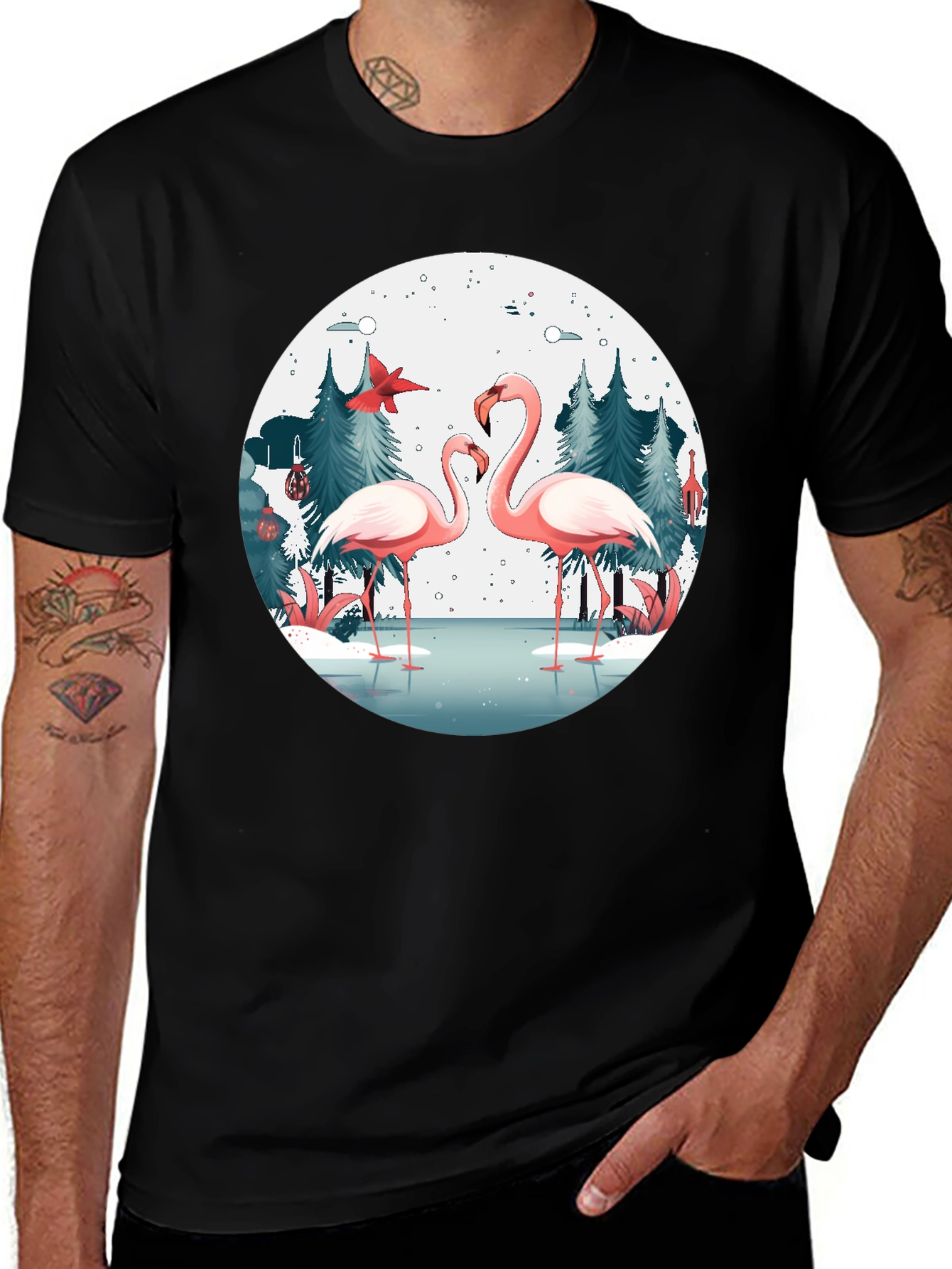Flamingo Winter Scene Graphic T-Shirt
