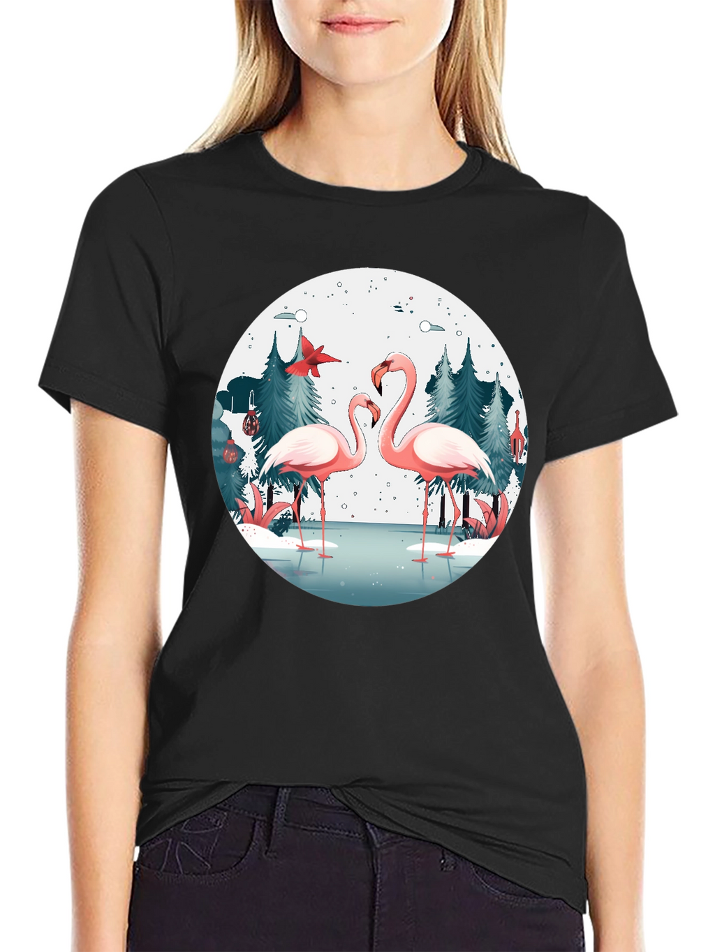Flamingo Winter Scene Graphic T-Shirt