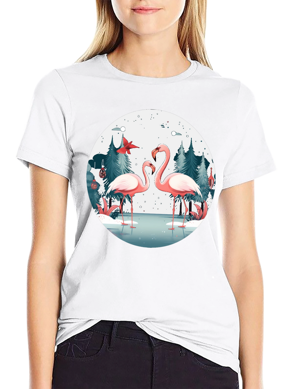 Flamingo Winter Scene Graphic T-Shirt
