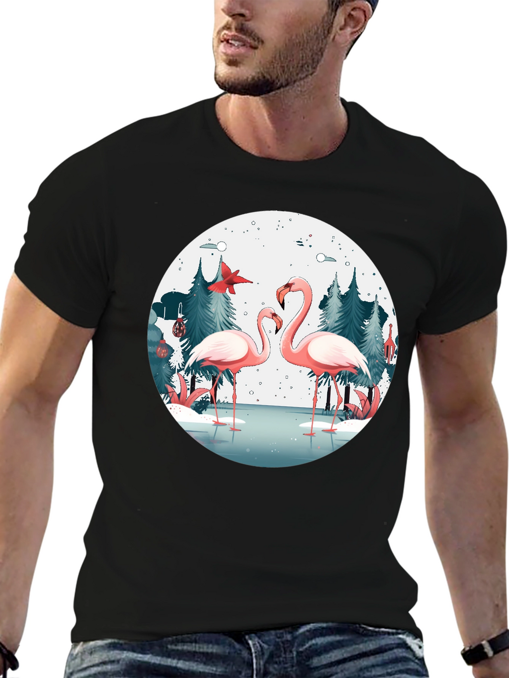 Flamingo Winter Scene Graphic T-Shirt