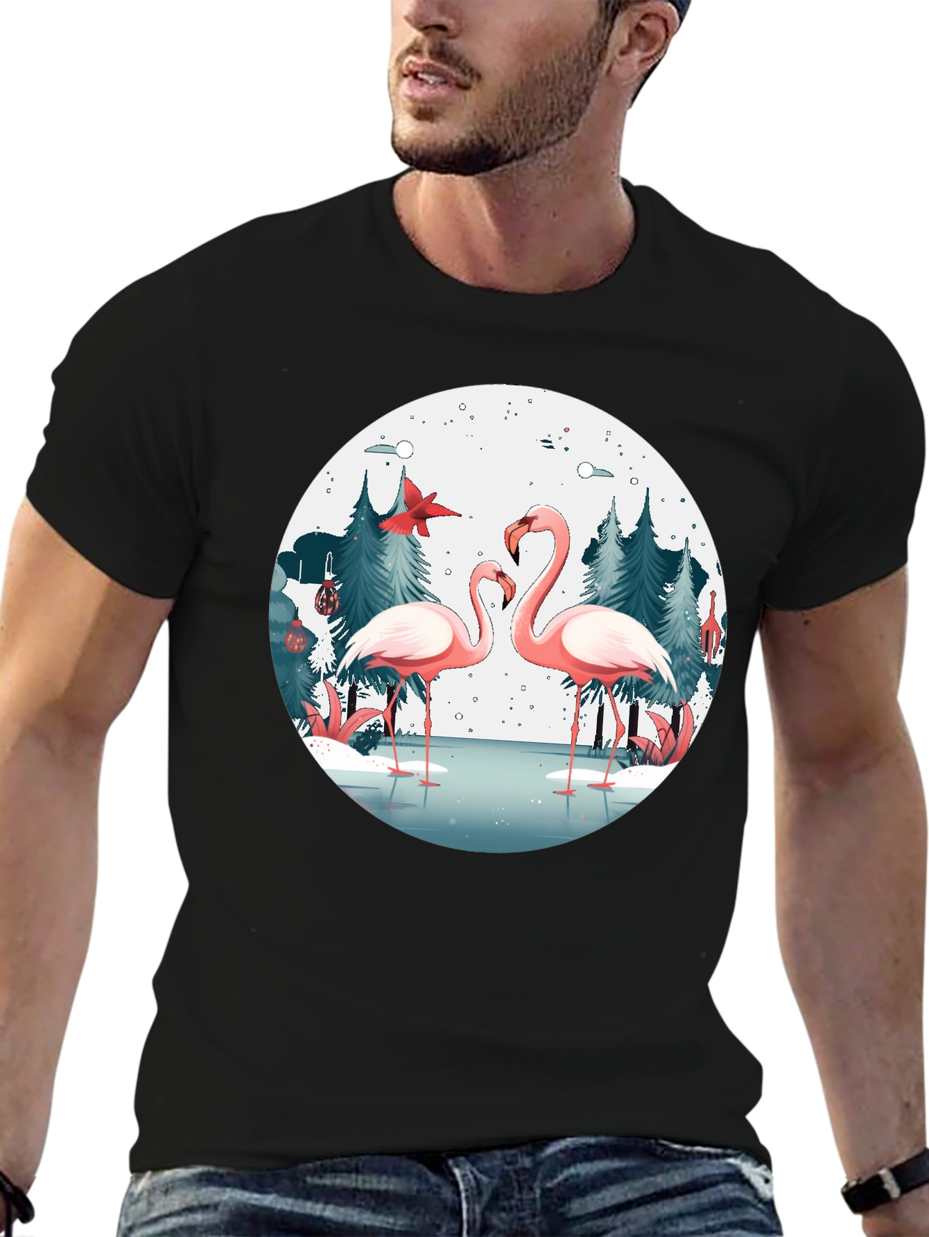 Flamingo Winter Scene Graphic T-Shirt