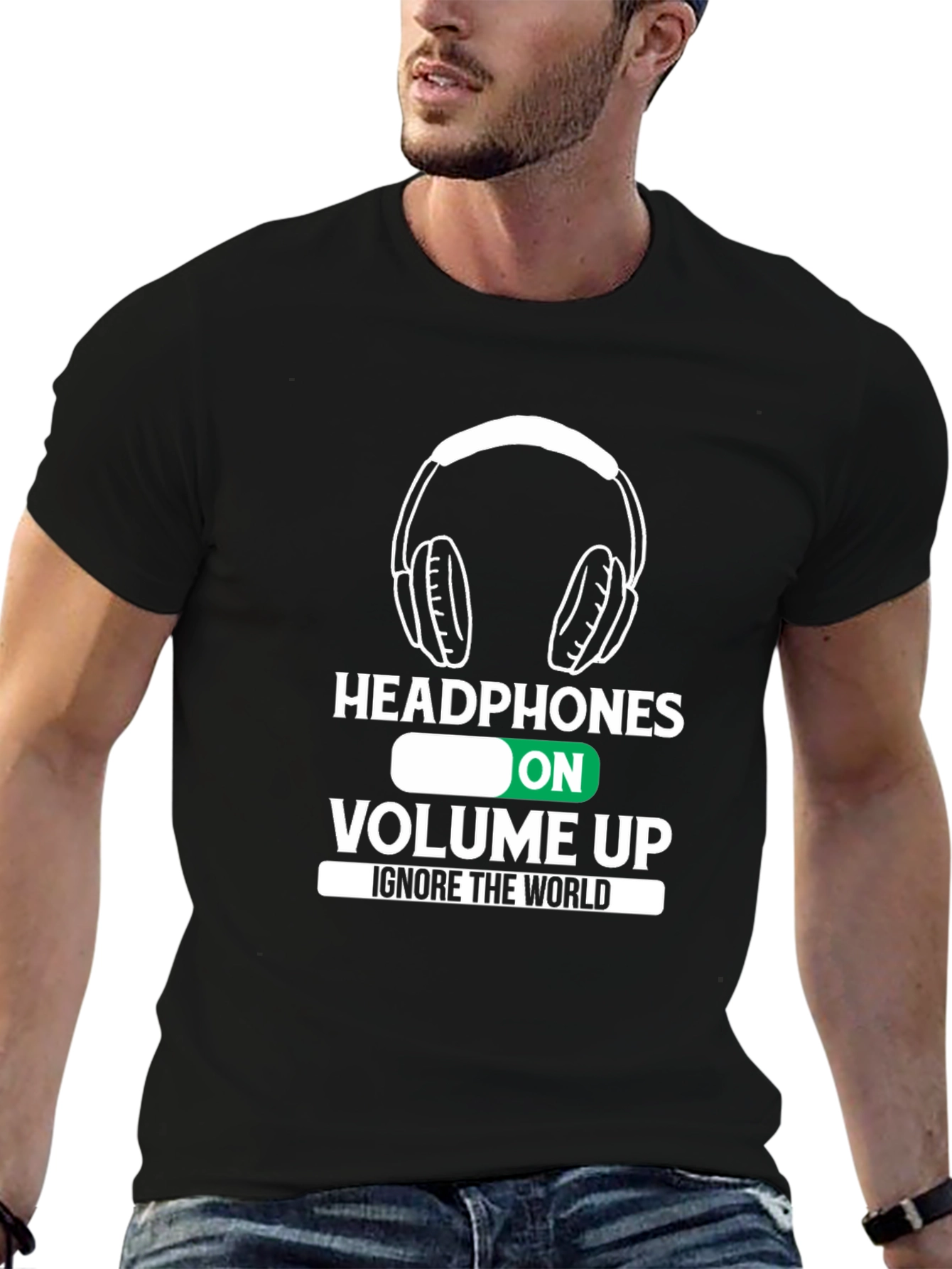 Headphones On Volume Up Black T-Shirt