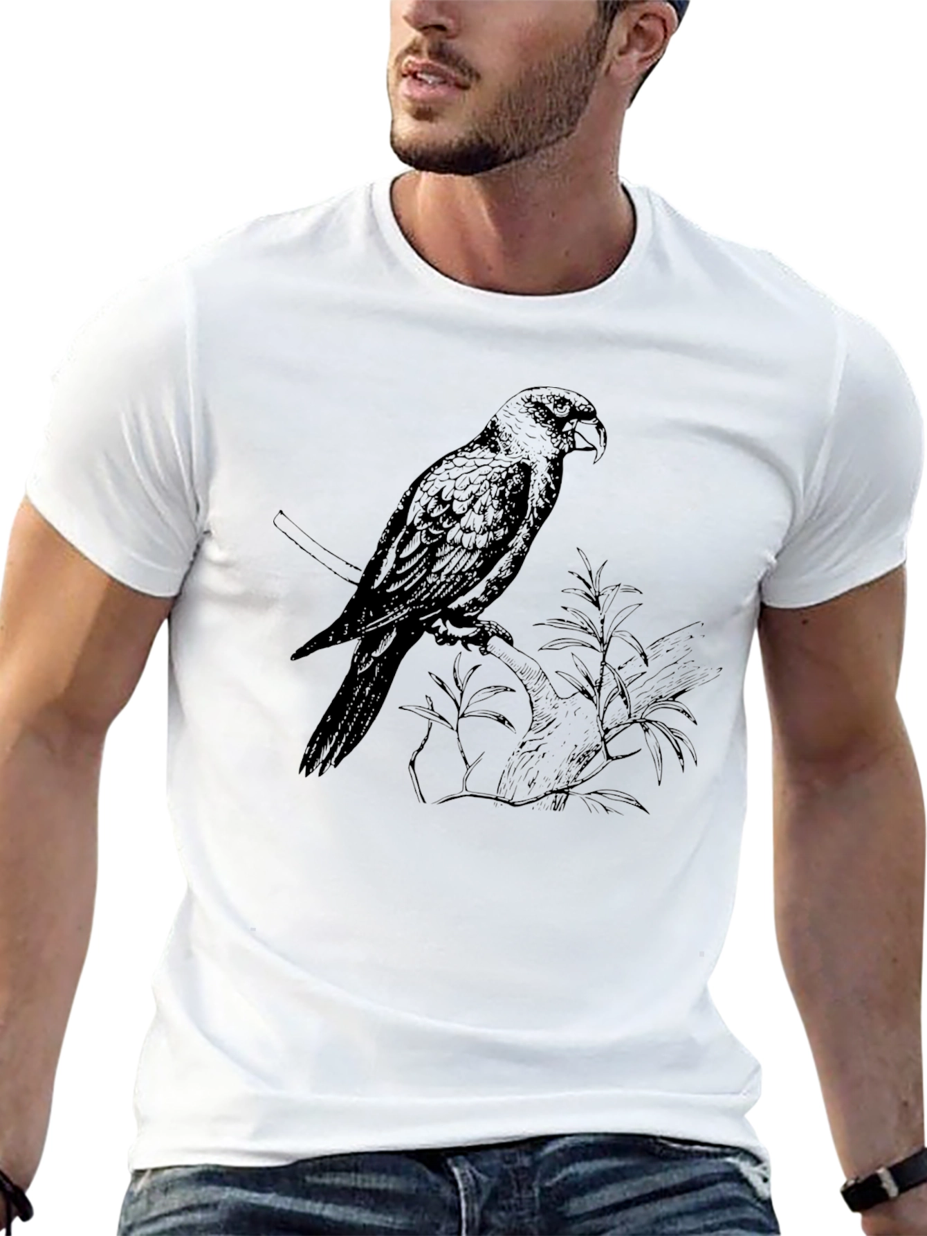 Mens Black T-Shirt with Parrot Print