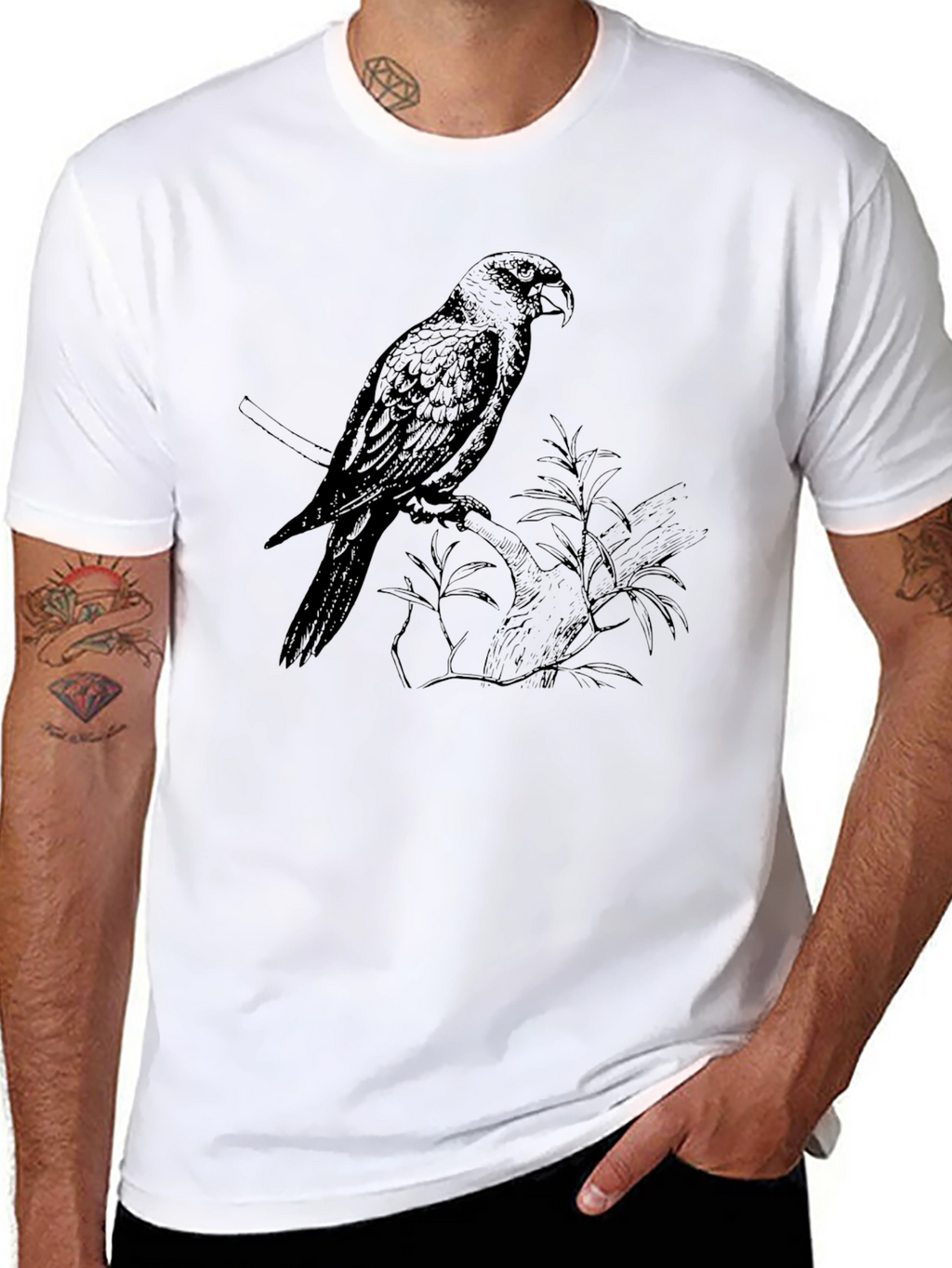 Mens Black T-Shirt with Parrot Print