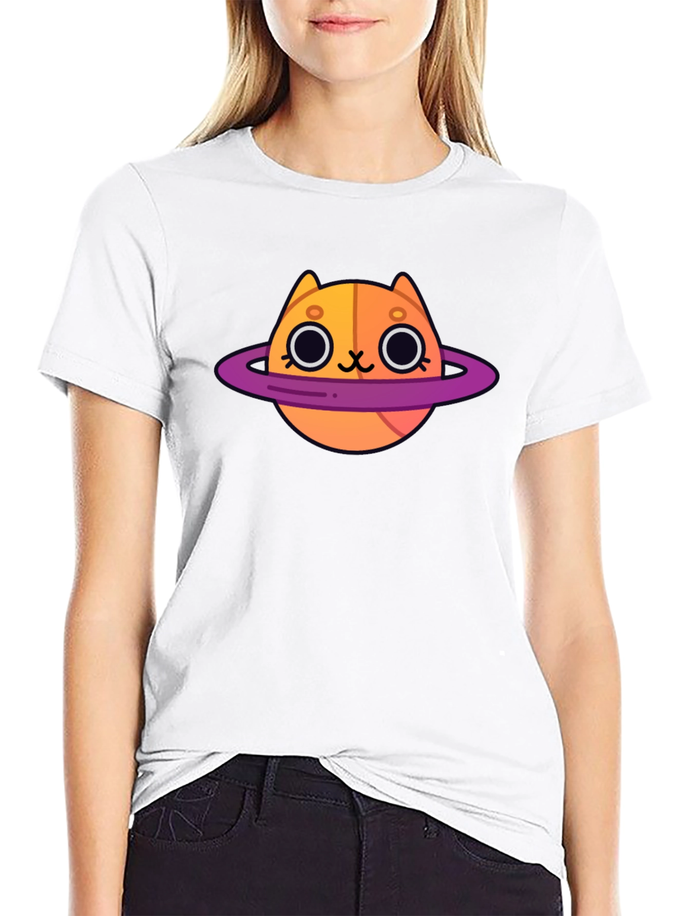Cute Cartoon Cat Planet Graphic T-Shirt