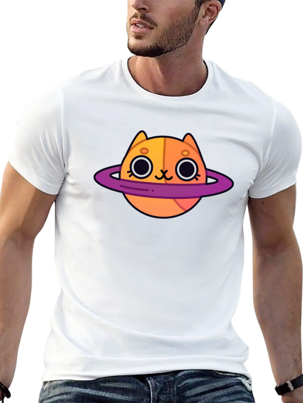 Cute Cartoon Cat Planet Graphic T-Shirt