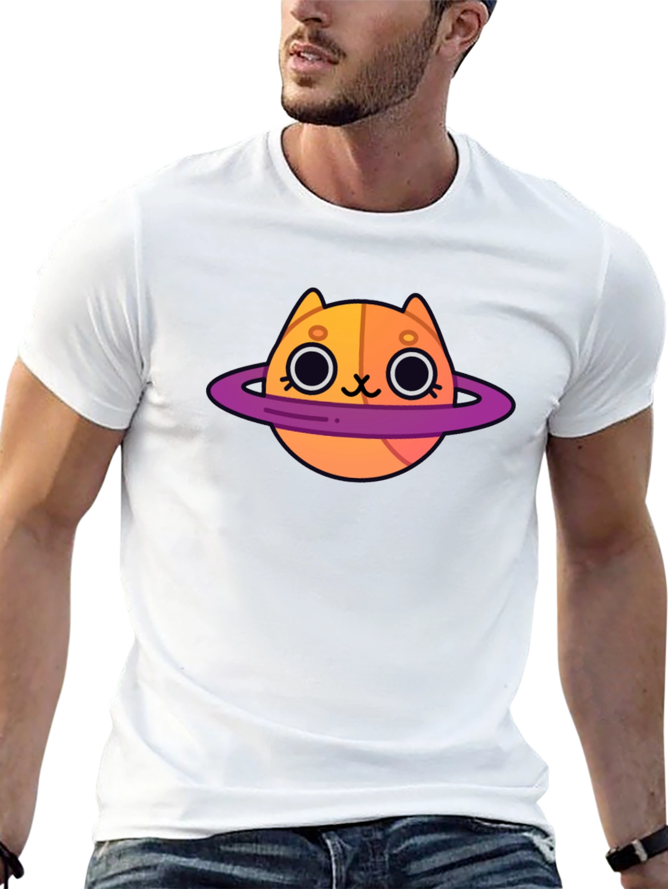 Cute Cartoon Cat Planet Graphic T-Shirt