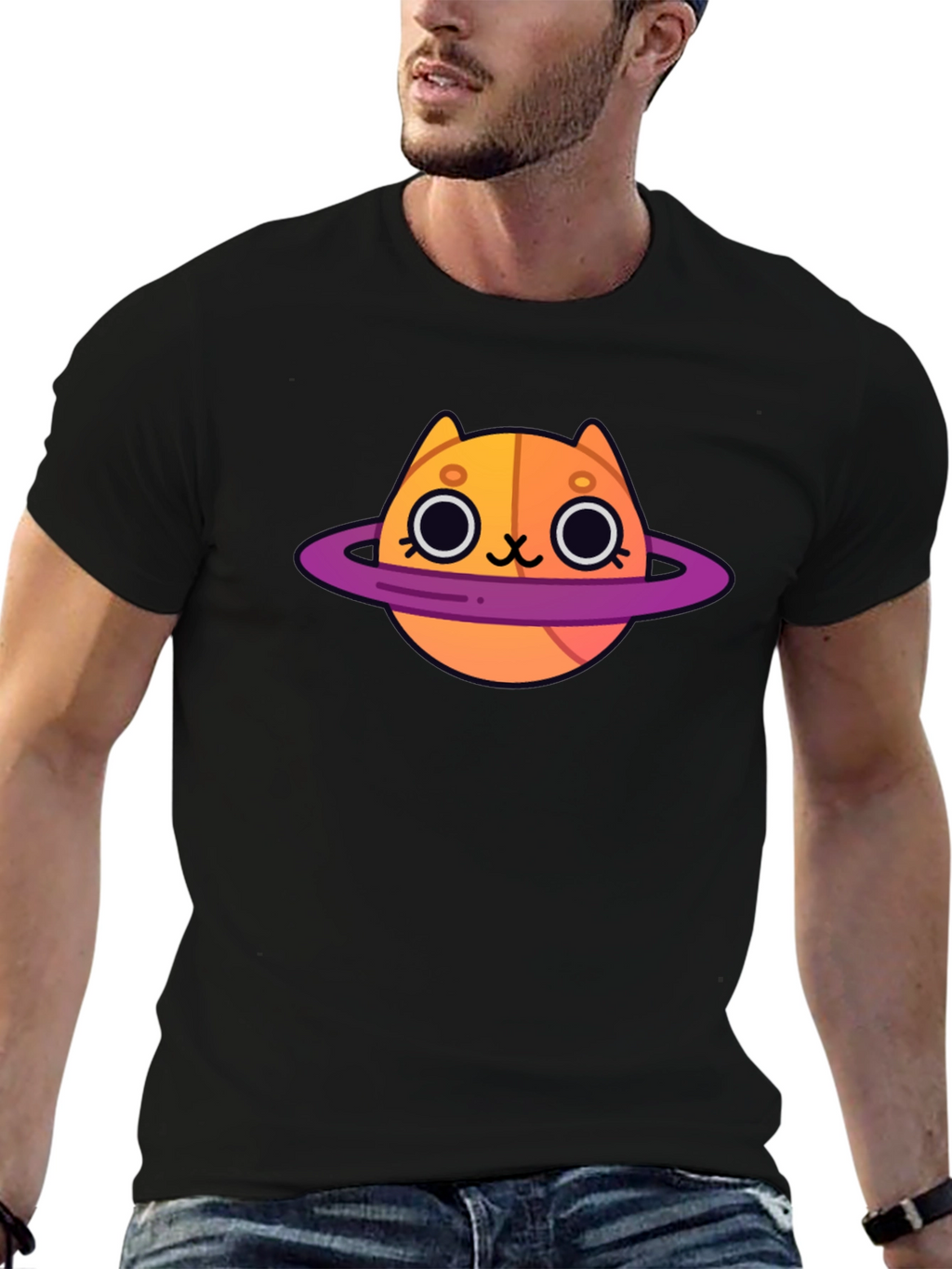 Cute Cartoon Cat Planet Graphic T-Shirt