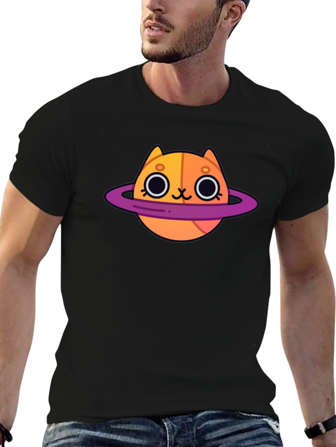 Cute Cartoon Cat Planet Graphic T-Shirt