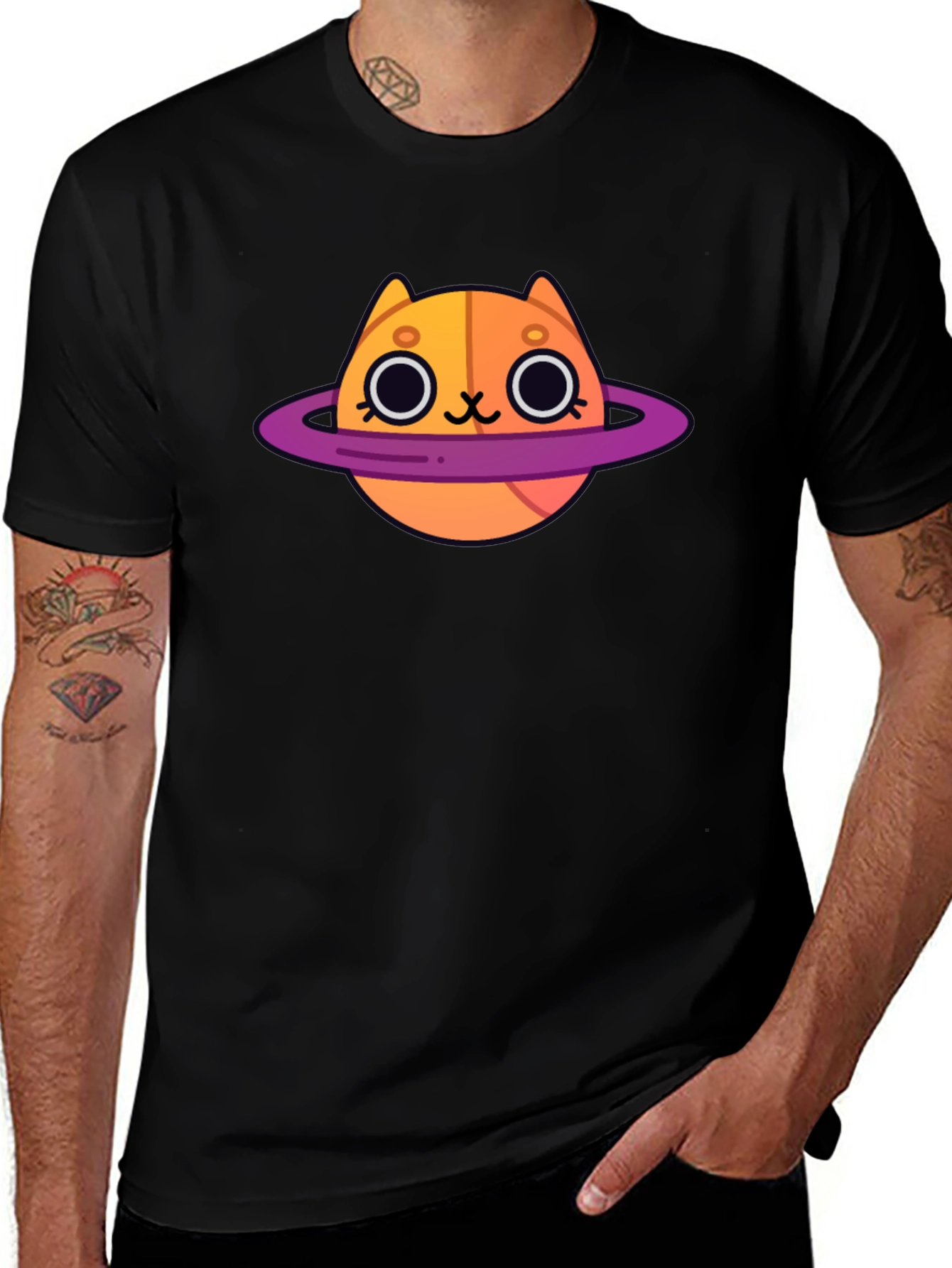 Cute Cartoon Cat Planet Graphic T-Shirt