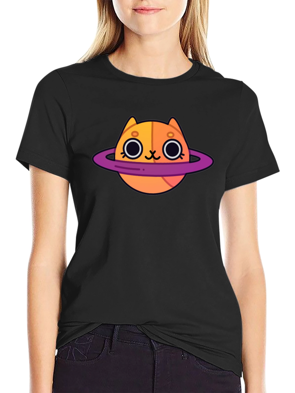 Cute Cartoon Cat Planet Graphic T-Shirt