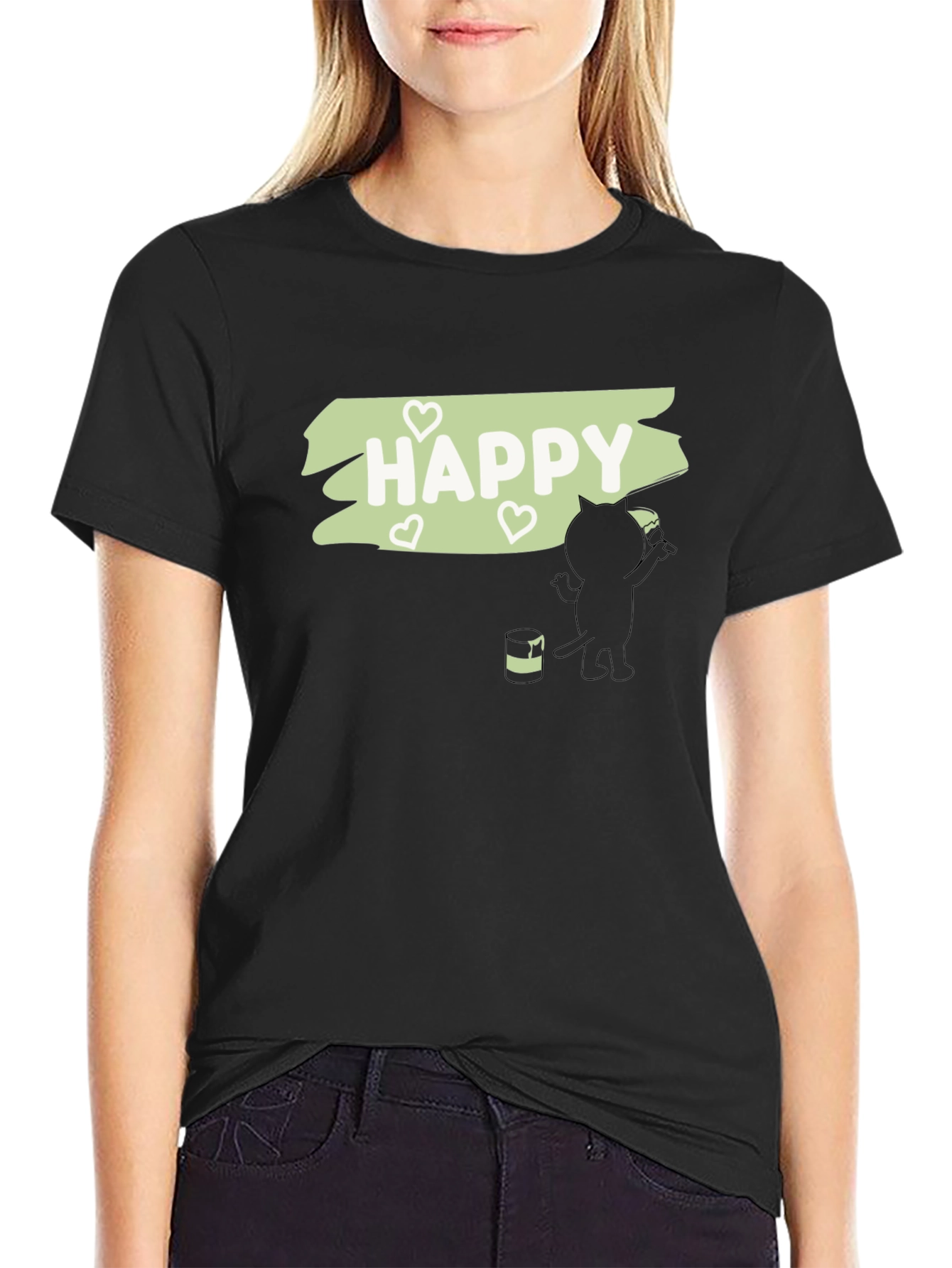 Happy Cat Painting T-Shirt - Black