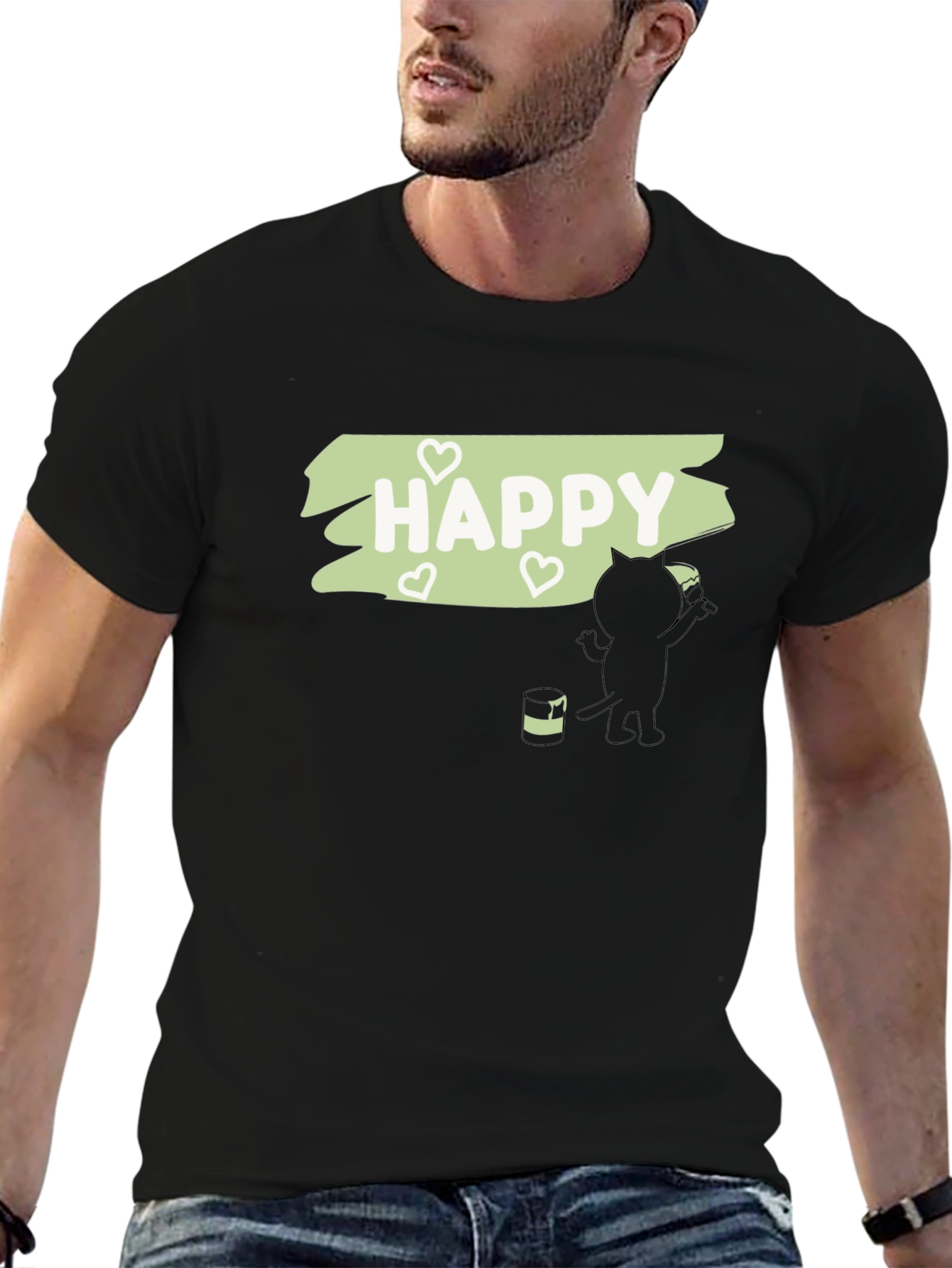 Happy Cat Painting T-Shirt - Black