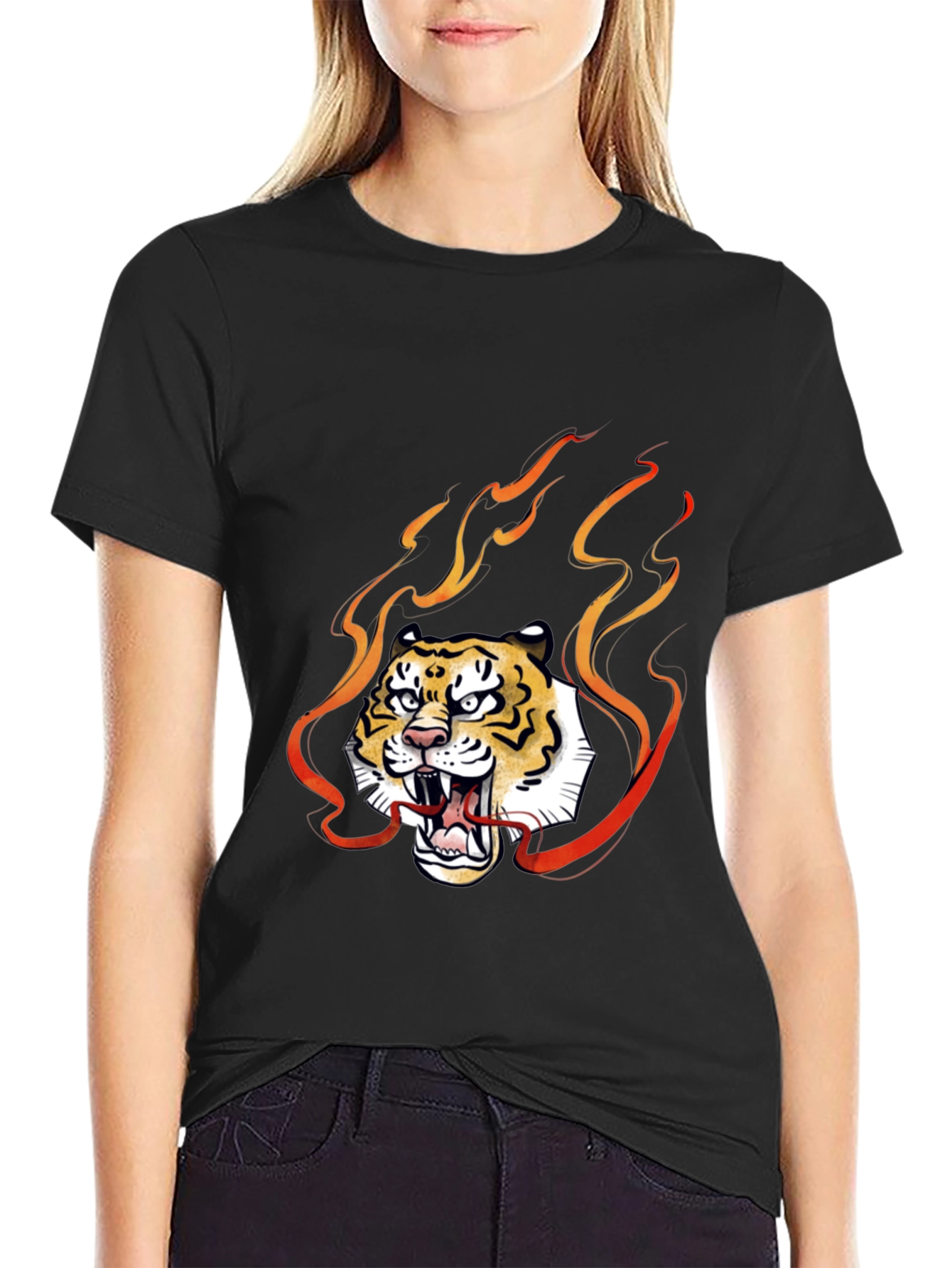 Fiery Tiger Graphic Tee - Black Cotton T-Shirt