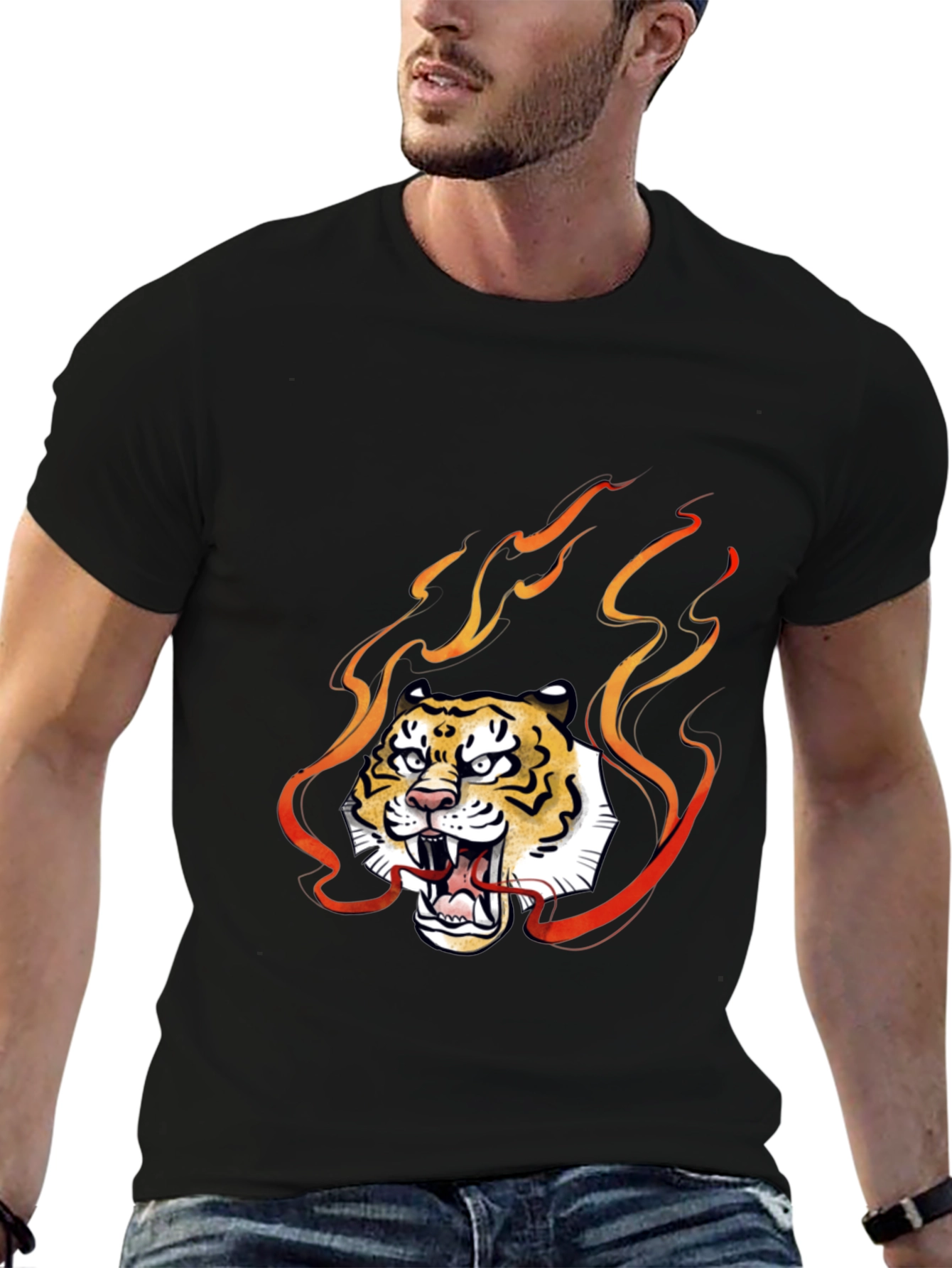 Fiery Tiger Graphic Tee - Black Cotton T-Shirt