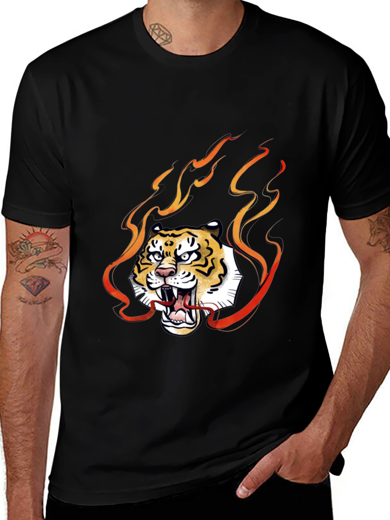 Fiery Tiger Graphic Tee - Black Cotton T-Shirt