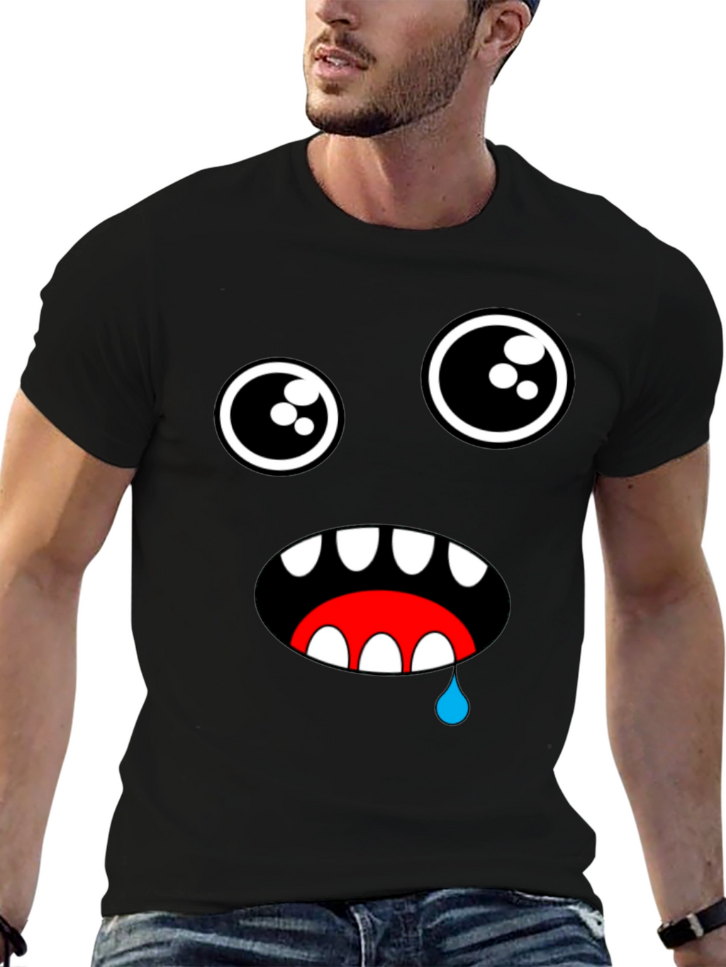 Funny Monster Face Graphic Black T-Shirt