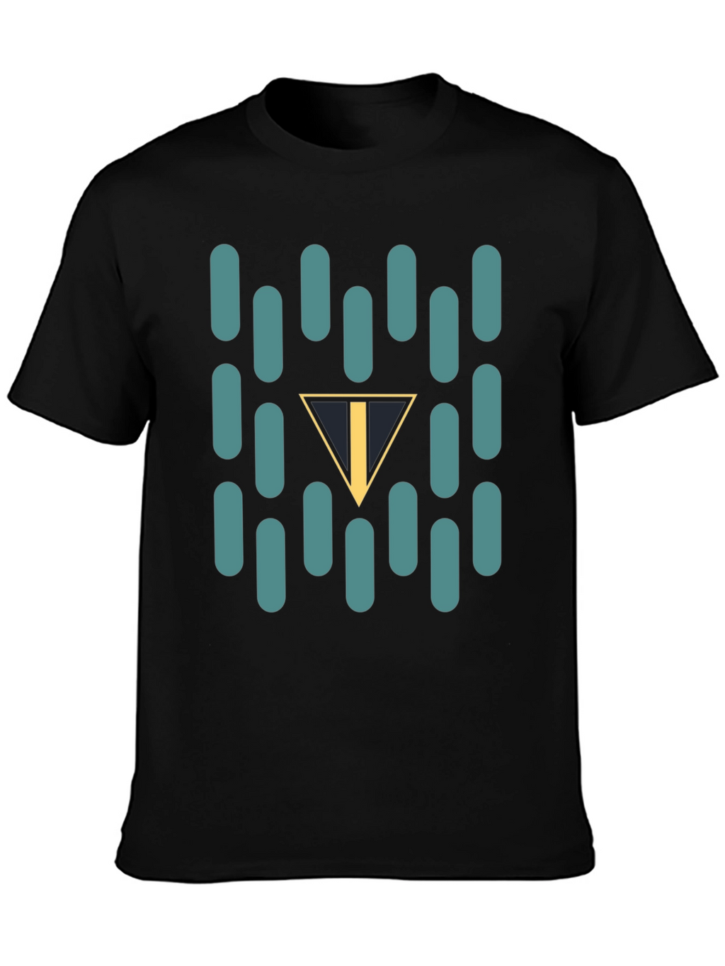 Abstract Teal Capsule and Triangle Graphic Black T-Shirt