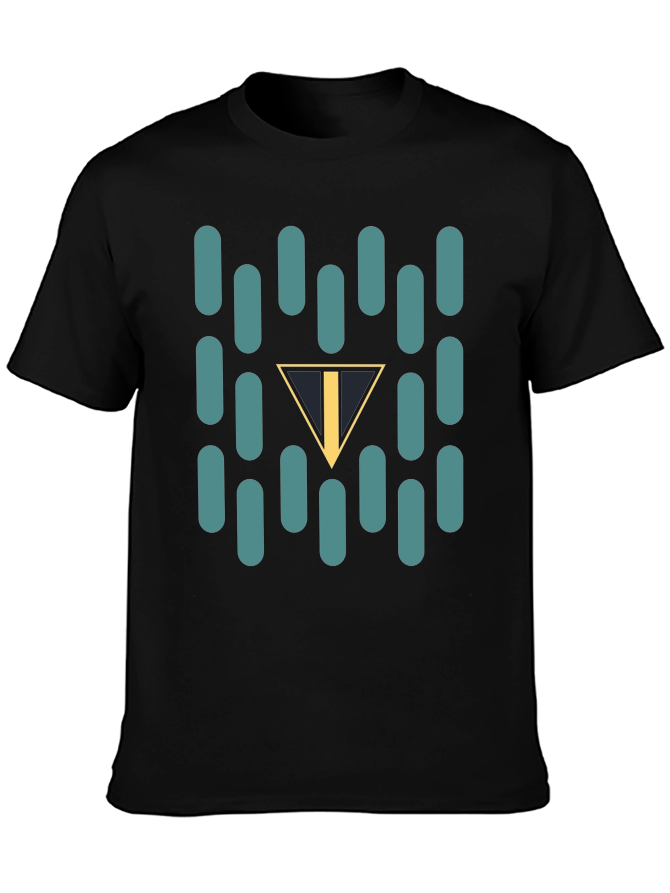 Abstract Teal Capsule and Triangle Graphic Black T-Shirt