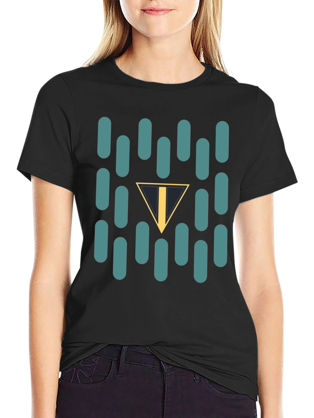 Abstract Teal Capsule and Triangle Graphic Black T-Shirt