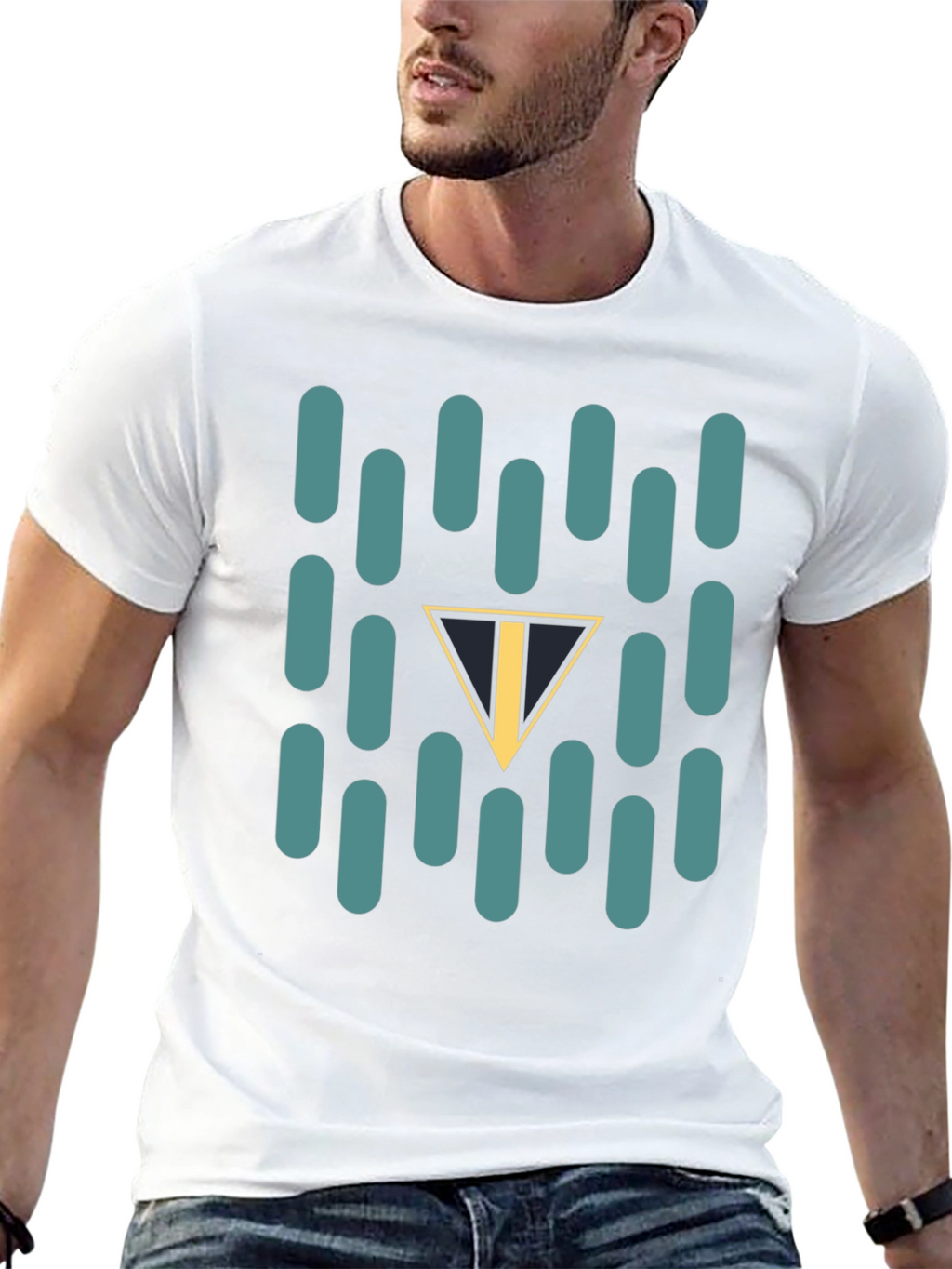 Abstract Teal Capsule and Triangle Graphic Black T-Shirt