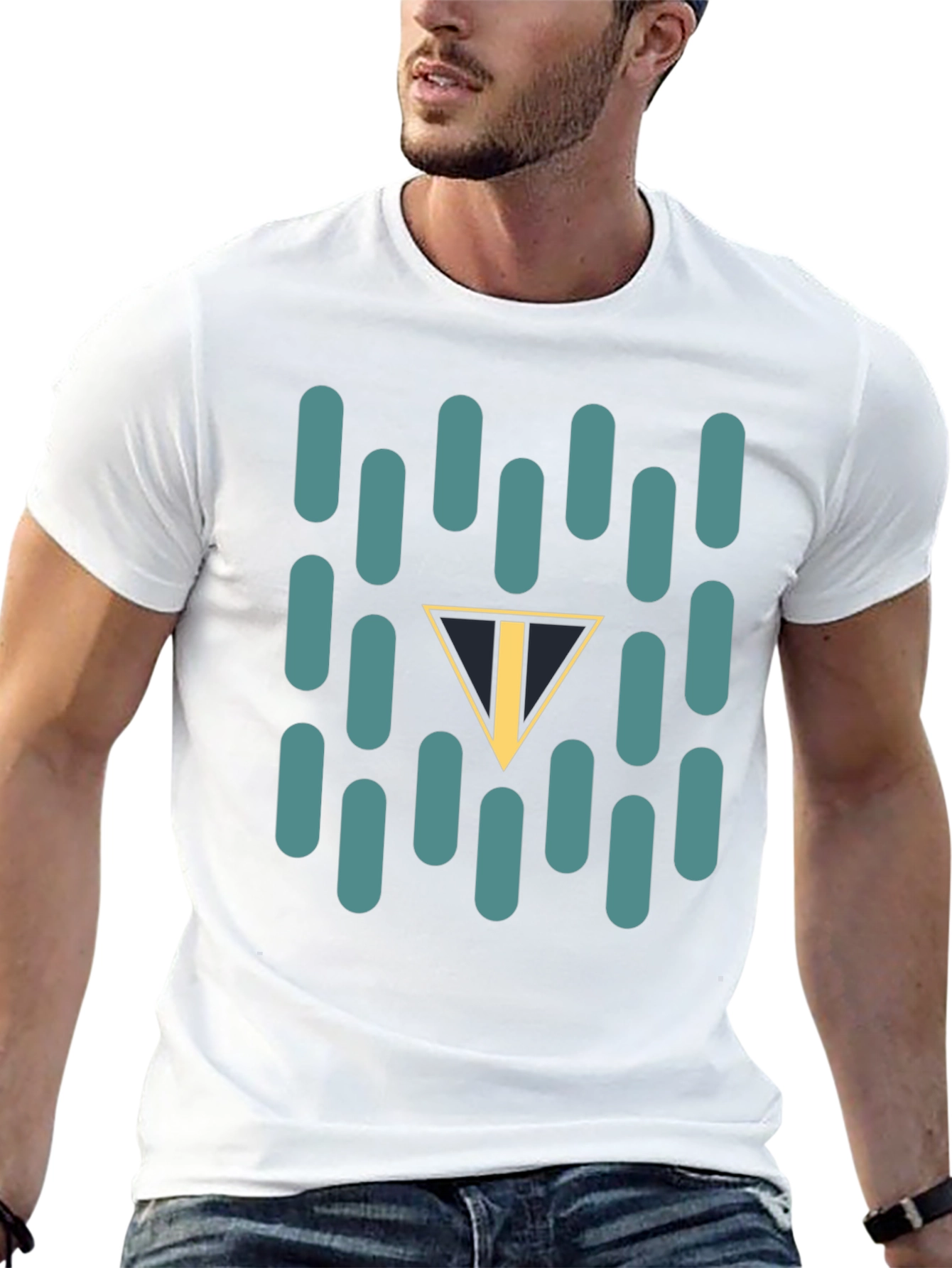 Abstract Teal Capsule and Triangle Graphic Black T-Shirt