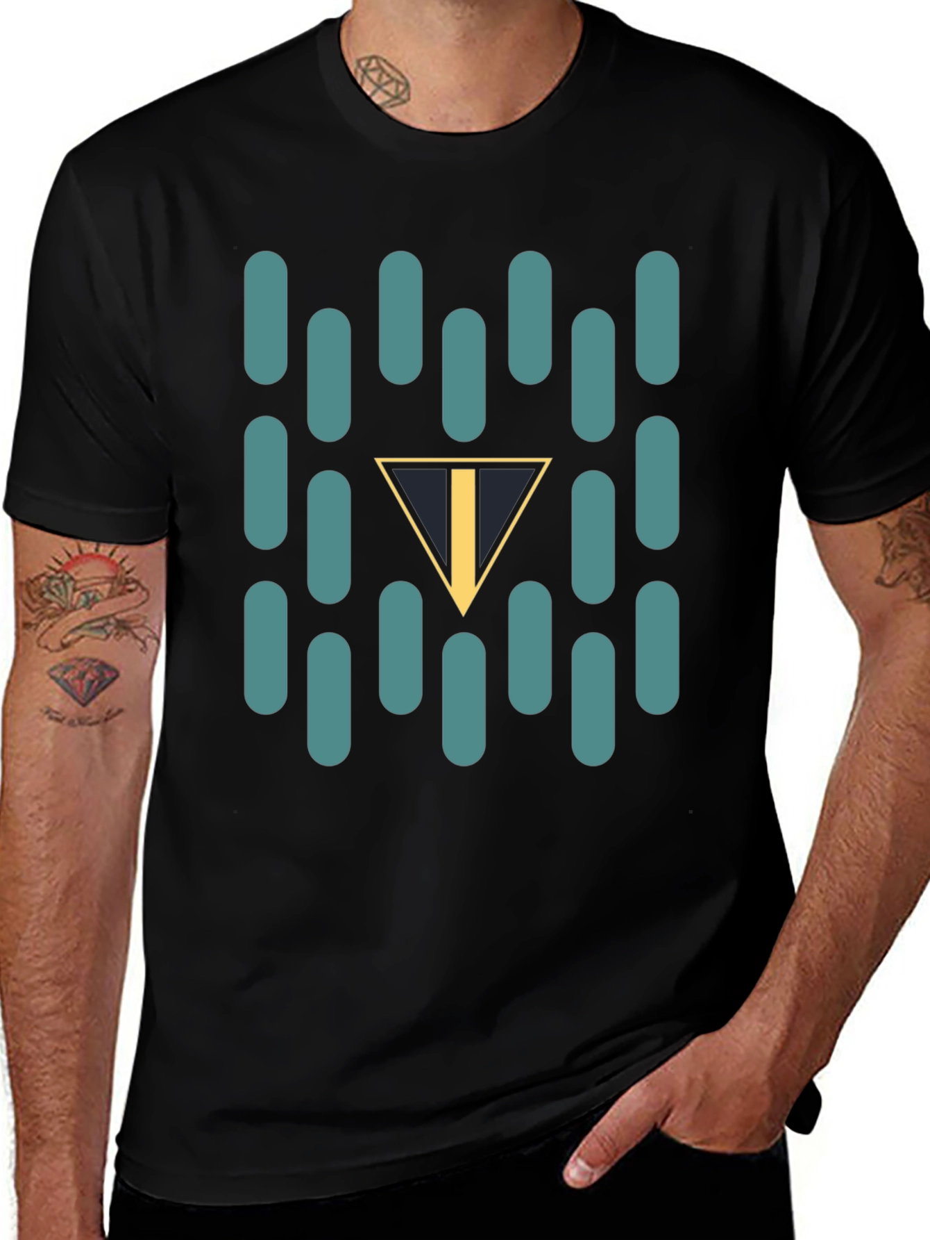 Abstract Teal Capsule and Triangle Graphic Black T-Shirt