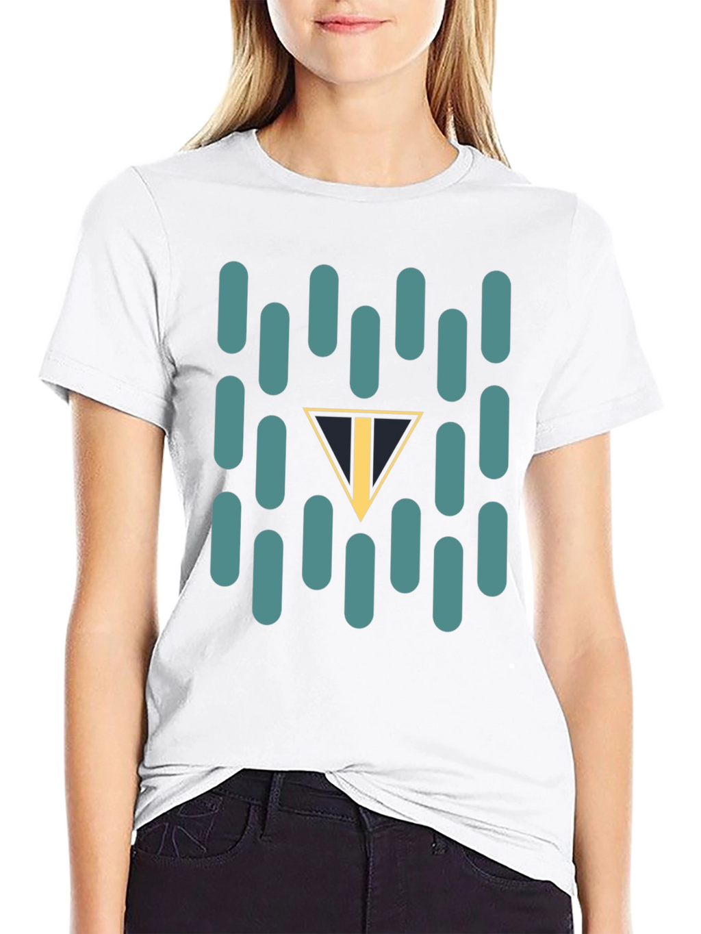 Abstract Teal Capsule and Triangle Graphic Black T-Shirt