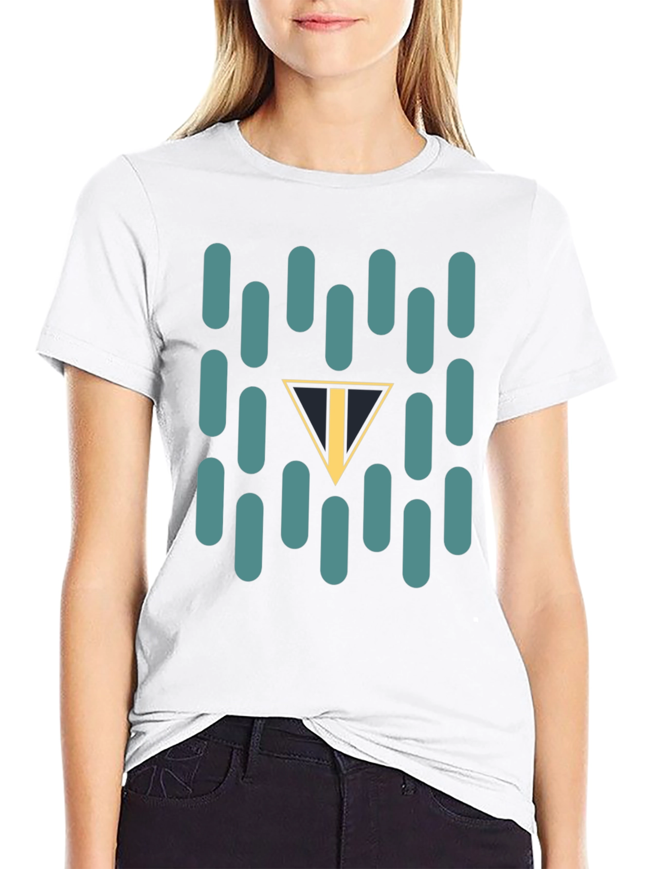 Abstract Teal Capsule and Triangle Graphic Black T-Shirt