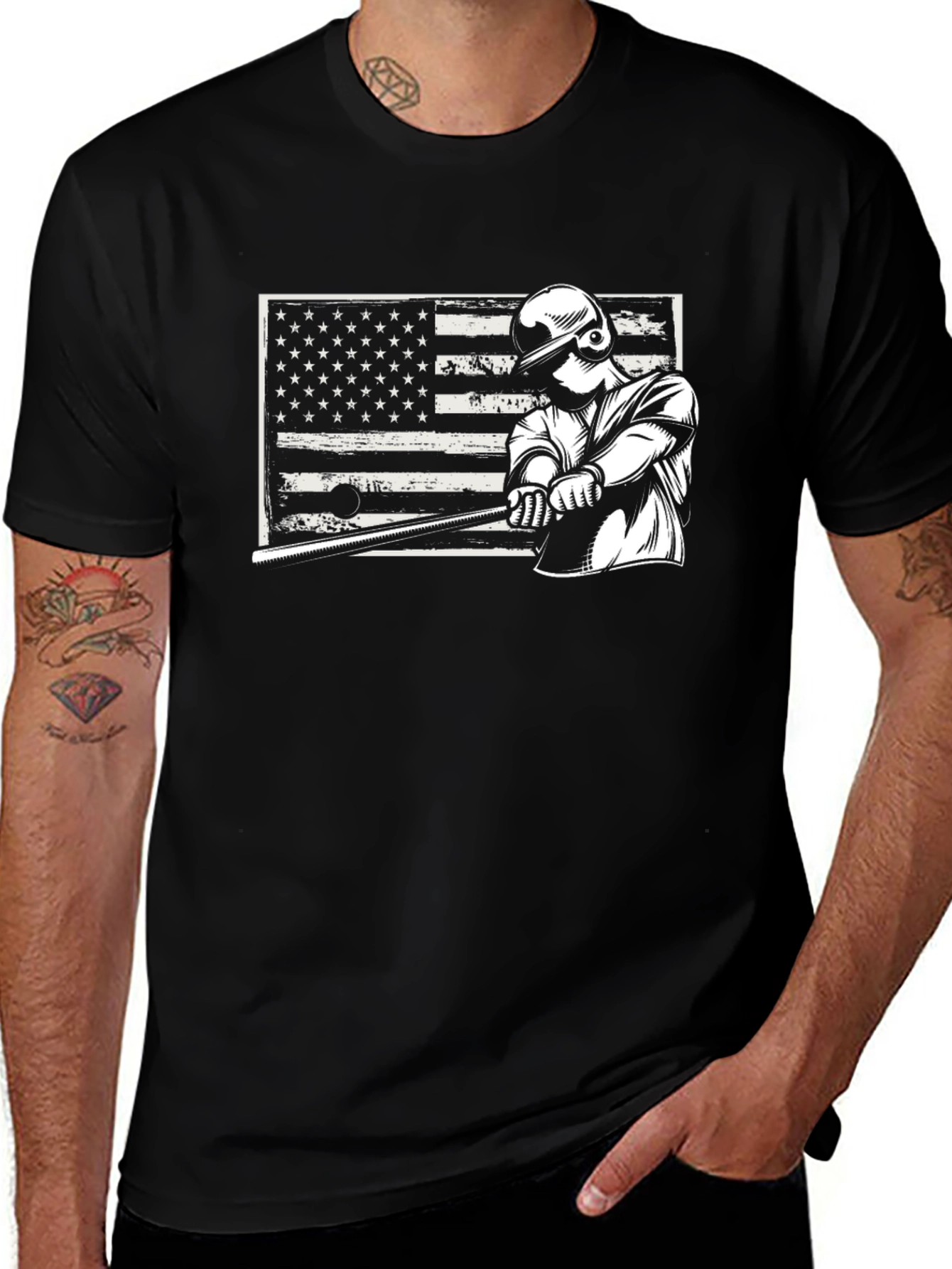 Baseball Player USA Flag Graphic T-Shirt