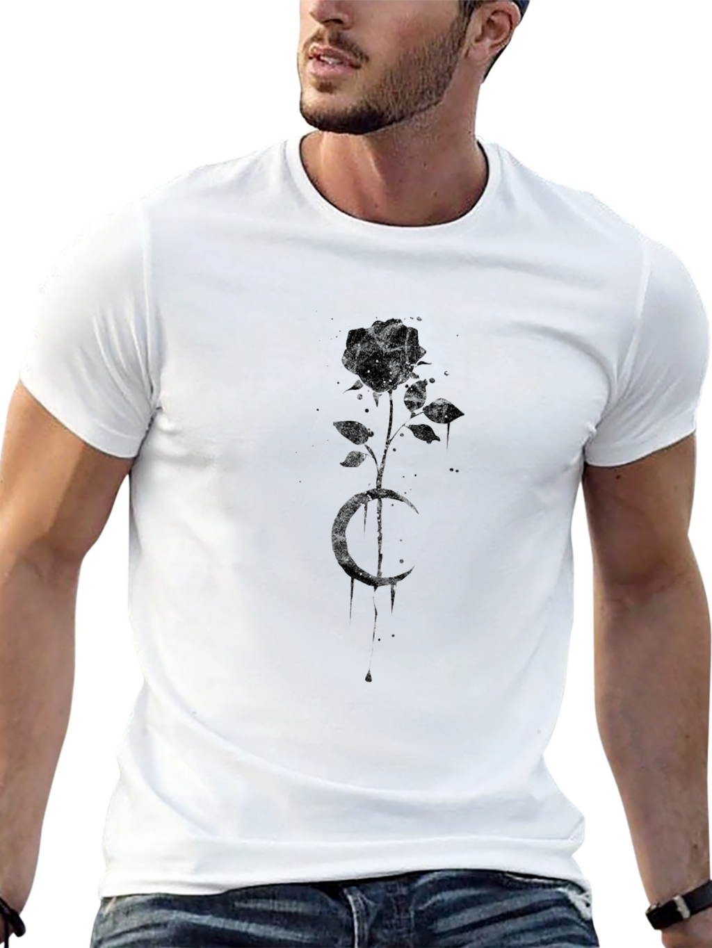 Black Rose & Crescent Moon Graphic T-Shirt