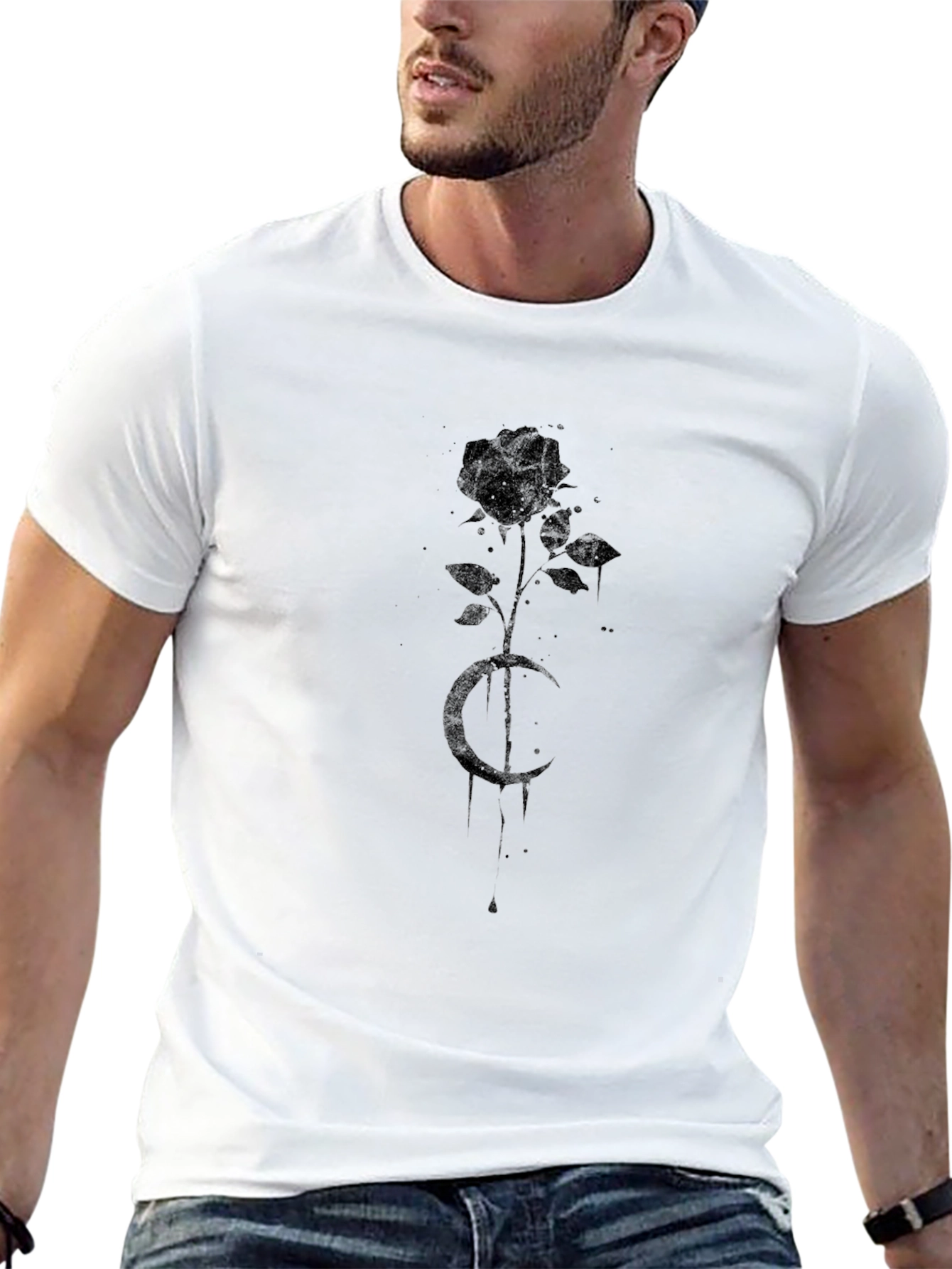 Black Rose & Crescent Moon Graphic T-Shirt