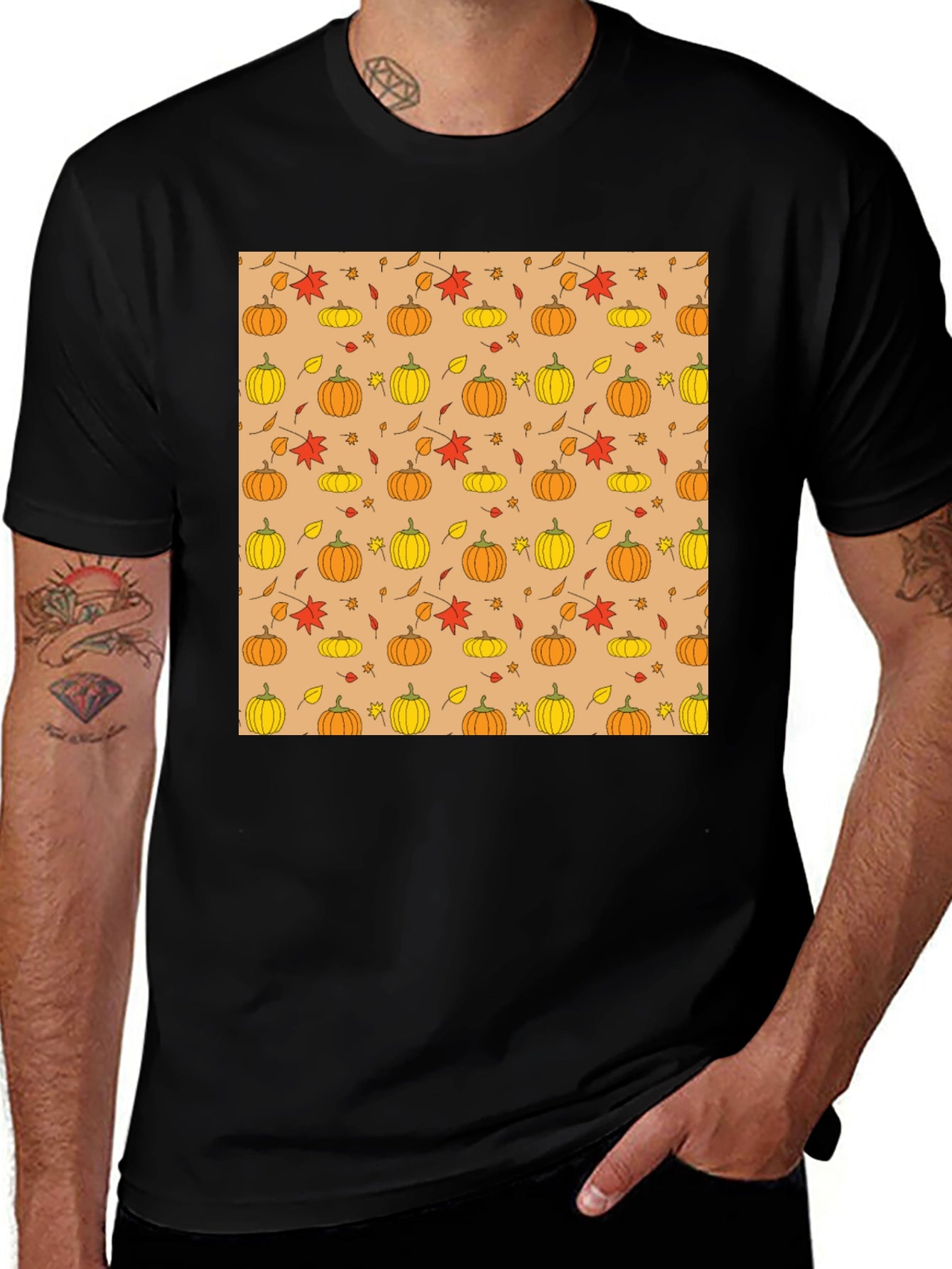 Fall Pumpkin & Leaf Pattern T-Shirt - Black