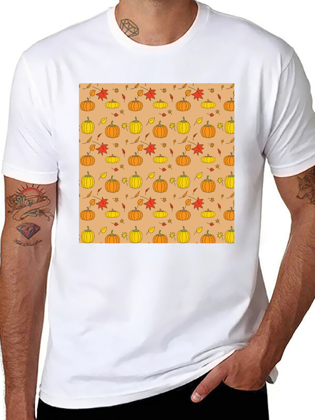 Fall Pumpkin & Leaf Pattern T-Shirt - Black