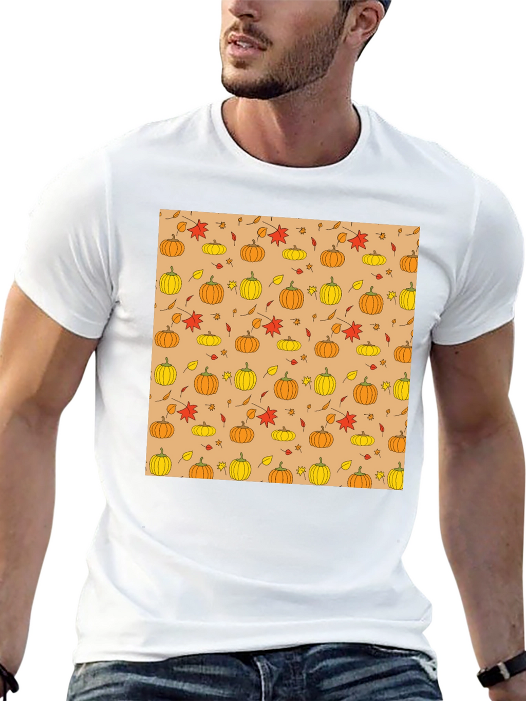 Fall Pumpkin & Leaf Pattern T-Shirt - Black