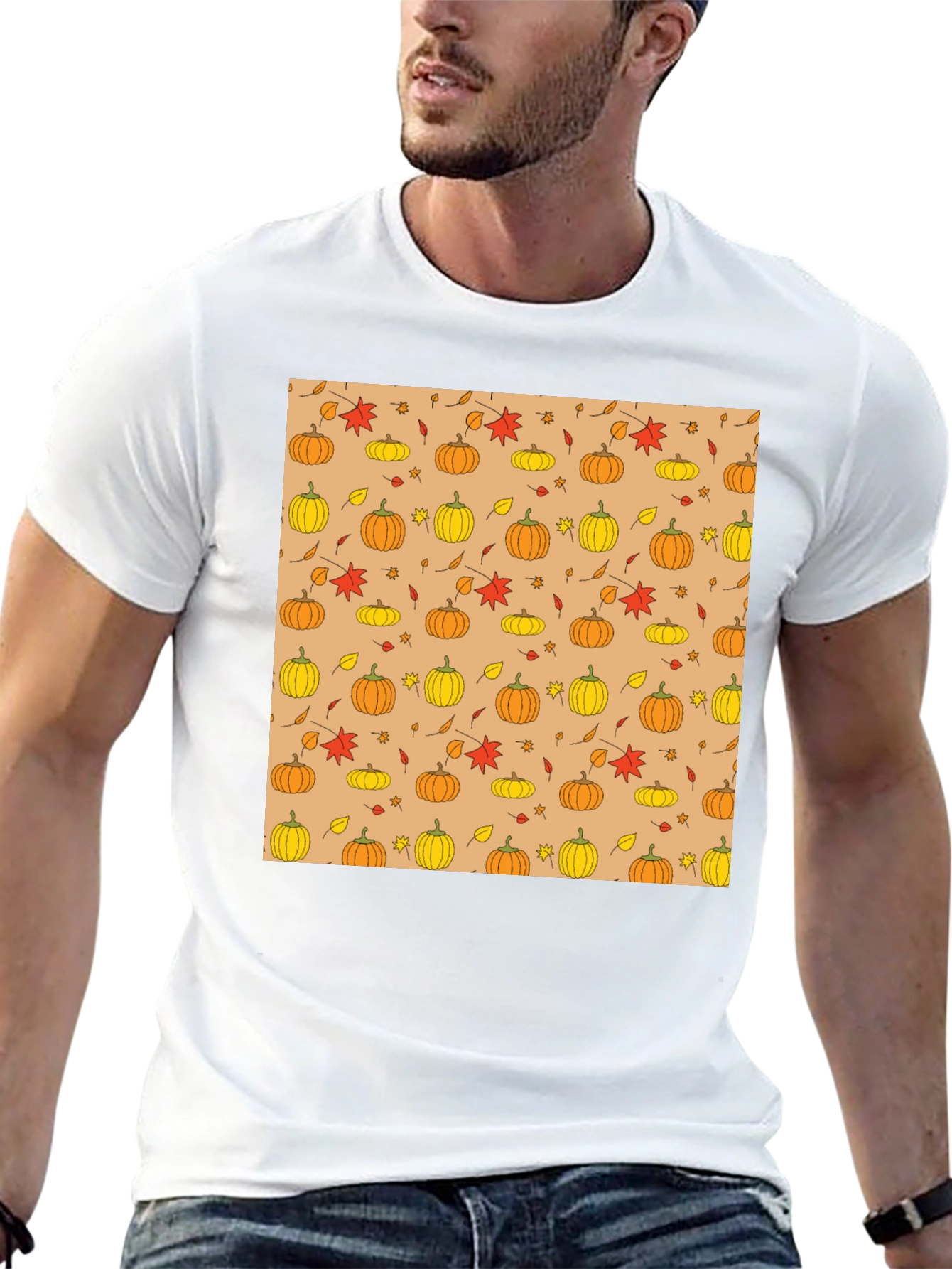 Fall Pumpkin & Leaf Pattern T-Shirt - Black