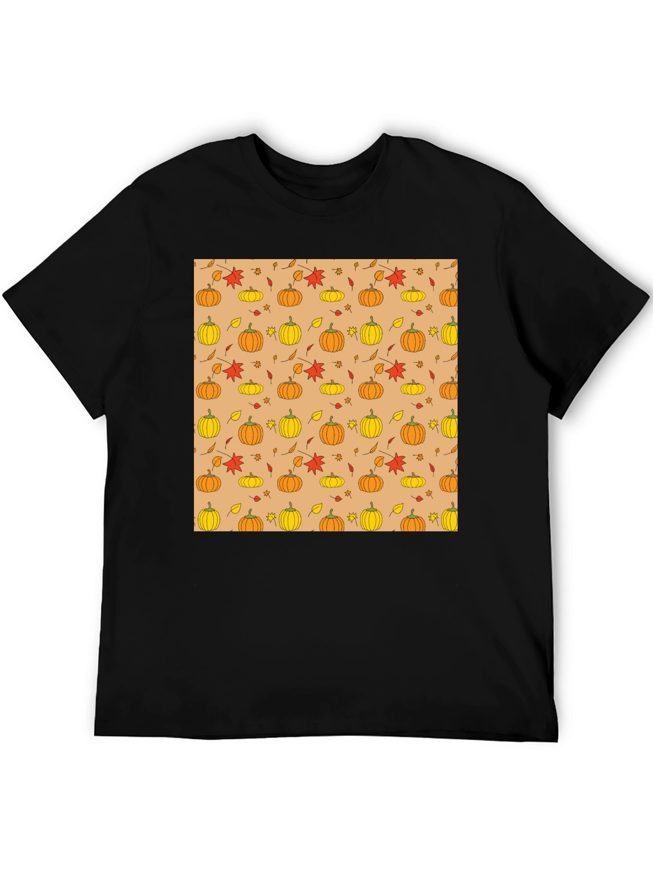 Fall Pumpkin & Leaf Pattern T-Shirt - Black