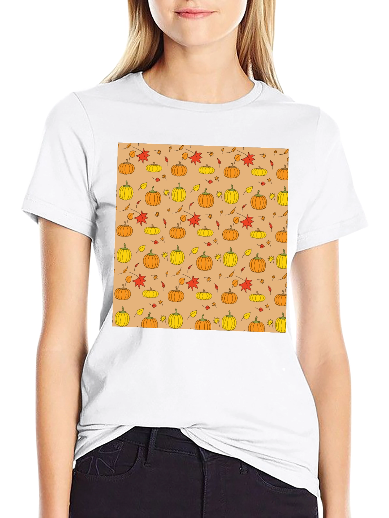 Fall Pumpkin & Leaf Pattern T-Shirt - Black