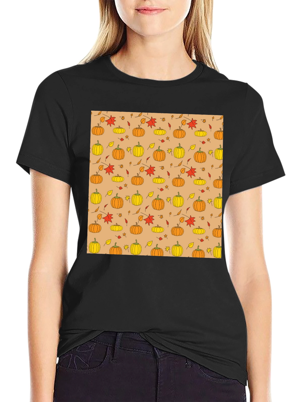 Fall Pumpkin & Leaf Pattern T-Shirt - Black