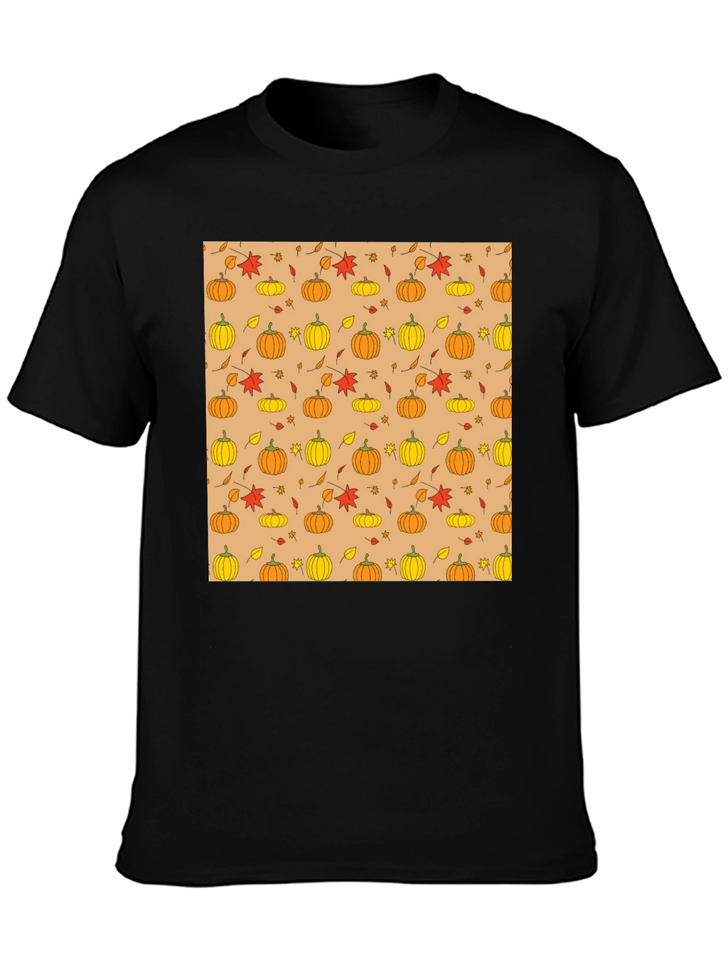 Fall Pumpkin & Leaf Pattern T-Shirt - Black