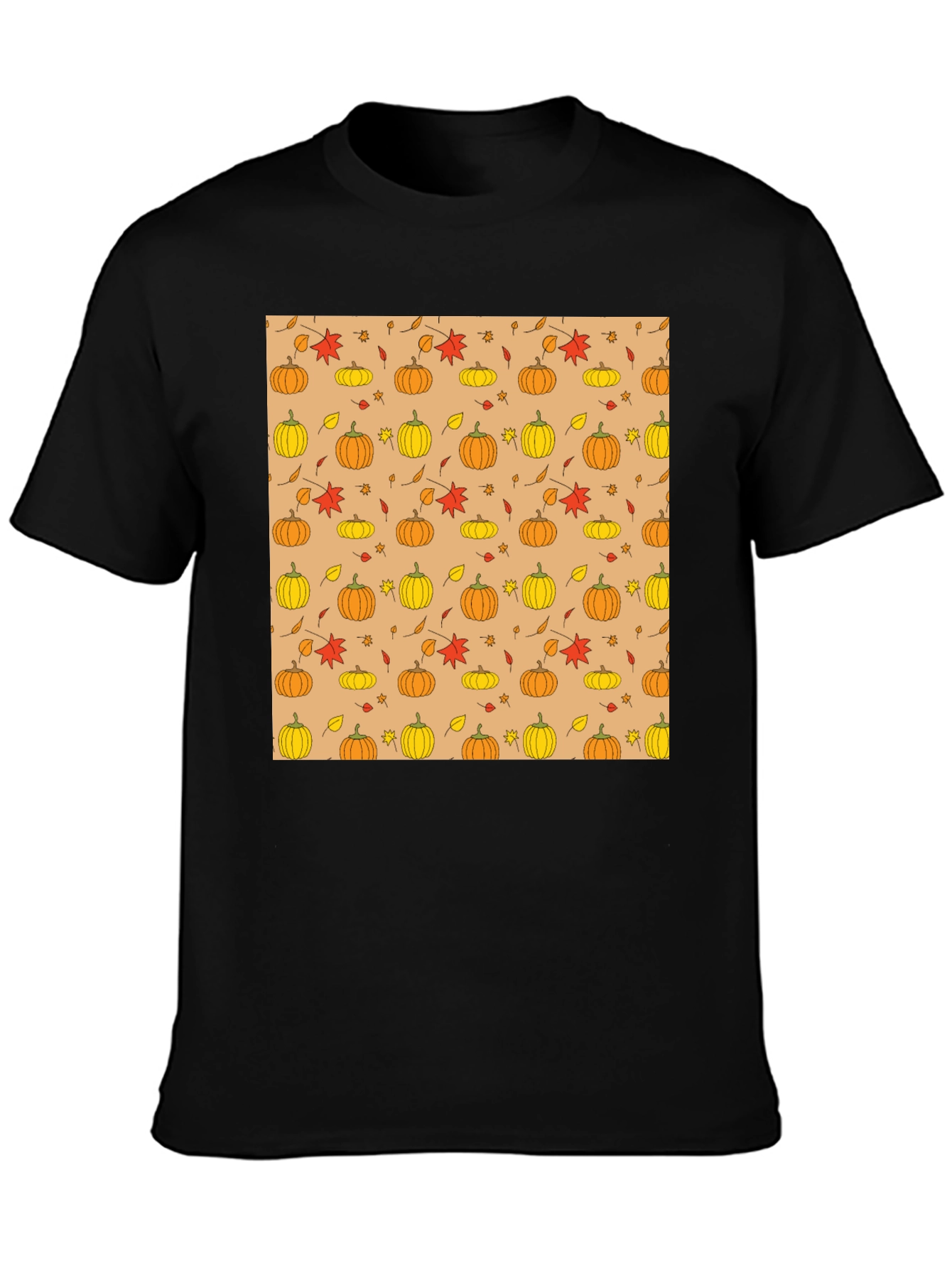 Fall Pumpkin & Leaf Pattern T-Shirt - Black