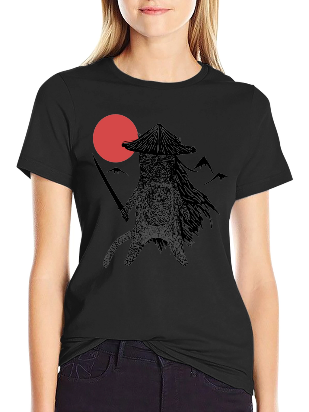 Samurai Cat T-Shirt - Black Graphic Tee