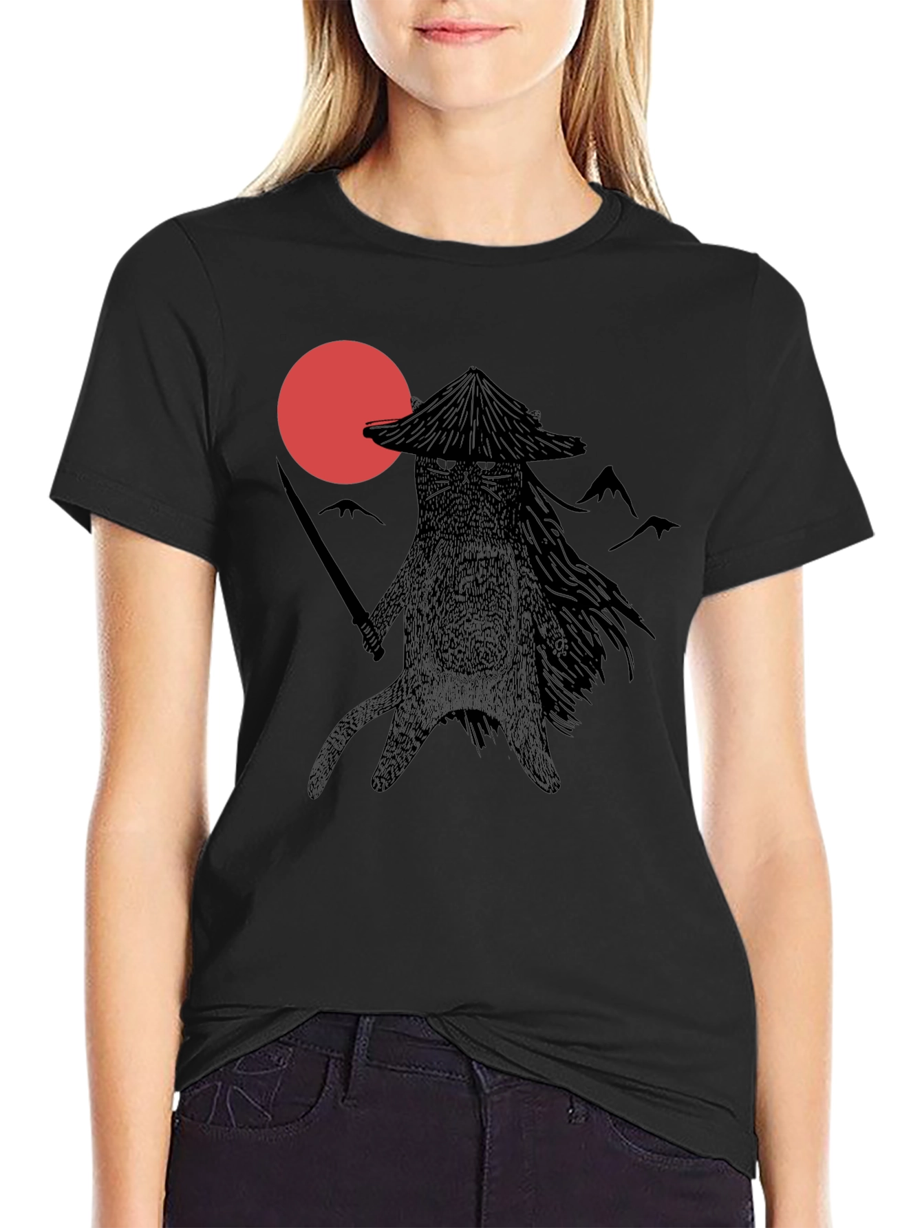 Samurai Cat T-Shirt - Black Graphic Tee