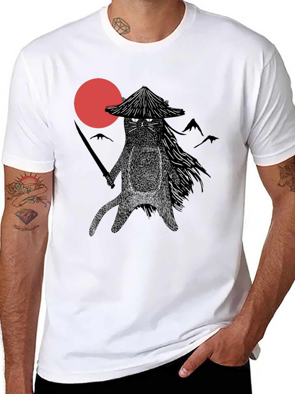 Samurai Cat T-Shirt - Black Graphic Tee