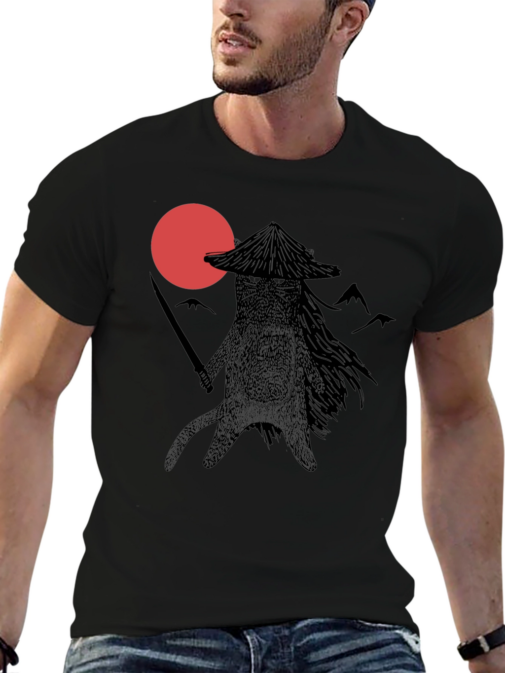 Samurai Cat T-Shirt - Black Graphic Tee