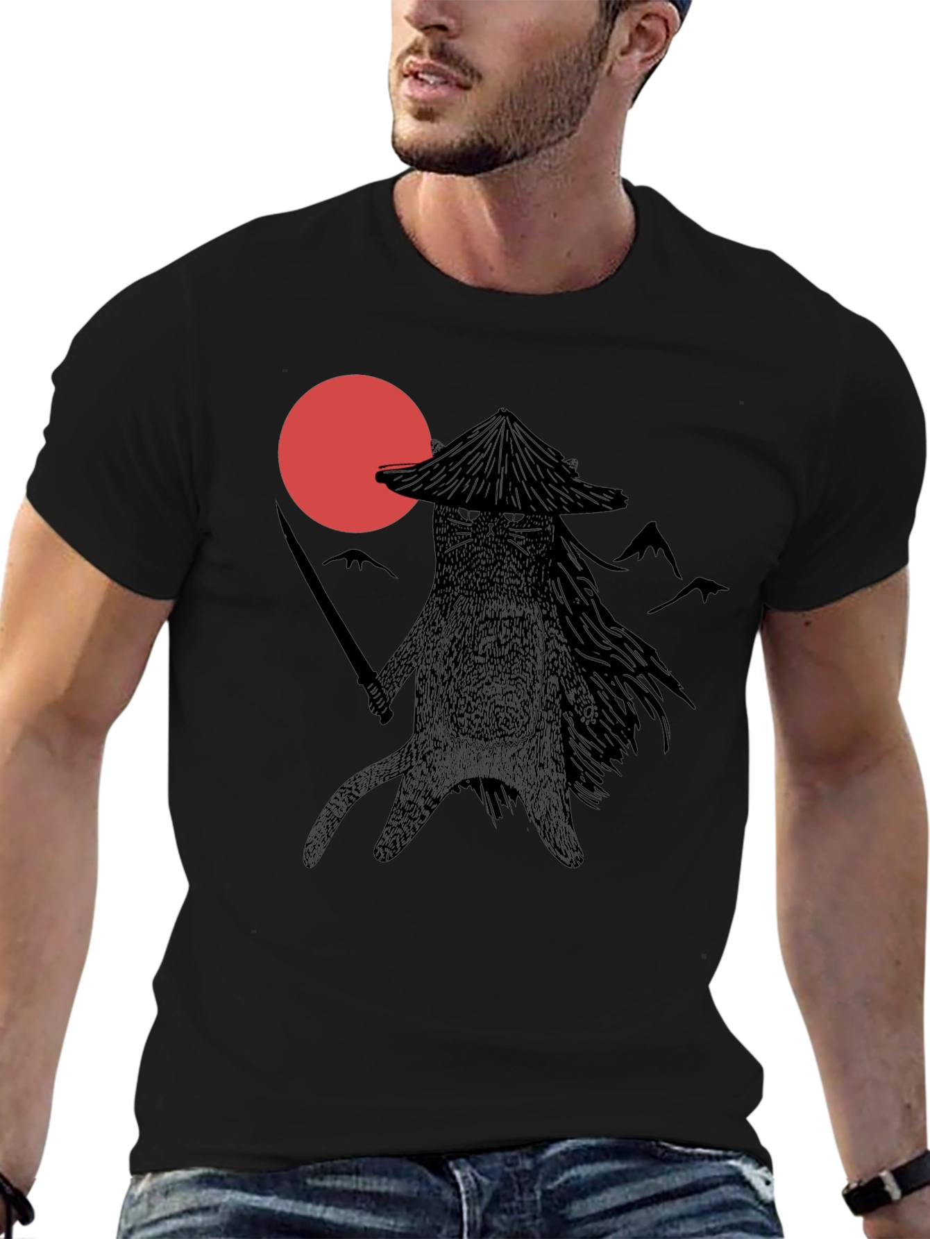 Samurai Cat T-Shirt - Black Graphic Tee