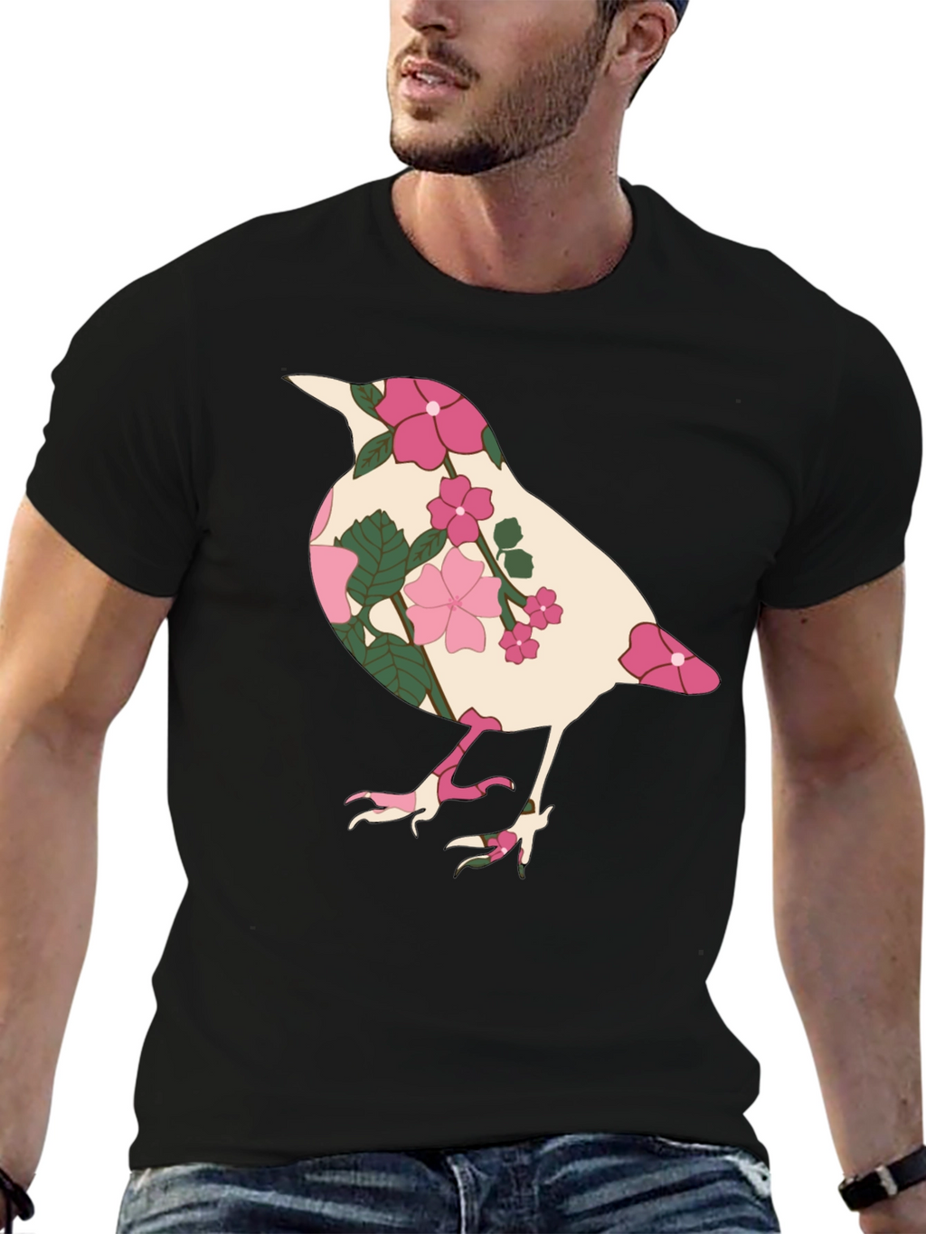 Floral Bird Graphic Tee - Black